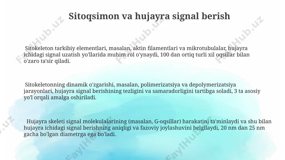 ula sifatida ishlatilishi bo'yicha 10 dan ortiq potentsial terapevtik strategiya va ularning samaradorligini baholash uchun tadqiqotlar o'tkazish zarur. sitosikeletonning turli kasalliklar, masalan, 2-tip diabet va saraton kasalliklarida rolini aniqlash uchun in vitro va in vivo modellaridan foydalanish orqali tadqiqotlarni kengaytirish lozim. sitosikeleton oqsillarining 3d tuzilmalari va ularning dinamik o'zgarishlarining molekulyar mexanizmlarini aniqlash uchun krio-elektron mikroskopiya va kompyuter modellashtirish usullarini qo'llash orqali tadqiqotlar olib borish kerak. sitoqsimonning hujayra bo'linishidagi roli sitokeletonning mikrotubulalari xromosomalarning xujayra bo'linishi paytida anafazaga to'g'ri harakatlanishini ta'minlaydi, bu jarayon kinetoxorlar va motor oqsillar, masalan, dineinlar orqali amalga oshiriladi. aktin filamenlari sitokinezda, ya'ni xujayra bo'linishining oxirgi bosqichida, qiz xujayralarni ajratuvchi bo'g'ilish halqasini hosil qilishda muhim rol o'ynaydi, bu jarayon taxminan 15-20 minut davom etadi. vimentin va boshqa oraliq filamen proteinlari xujayra shaklini saqlab, xromosomalarning xujayra bo'linish jarayonida to'g'ri joylashishini va ajralishini qo'llab-quvvatlaydi, ularning buzilishi aneuploidiyaga olib kelishi mumkin. sitoqsimonning hujayra harakatida roli sitokeletonning aktin filamentlari hujayra yuzasida joylashgan va …