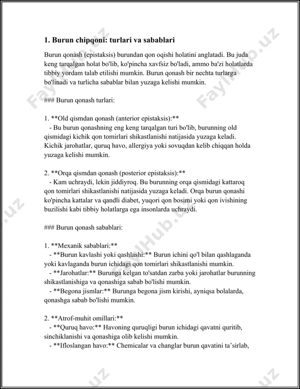 n bo'lsa, allergenlar aniqlash uchun teri yoki qon sinovlari o'tkazilishi mumkin. allergenlar reaktsiyasini aniqlash uchun keng tarqalgan allergenlar bilan reaktsiya ko'rinishi kuzatiladi. 6. **sinus nihilatsiya teslig'i**: - bu usul burun òpkalalariga joylashgan to'kilgan sinusni namoyon qiladi. burun ichi holati testdan o'tkaziladi, bu maxsus nurlanish sinovi yordamida amalga oshiriladi. barcha ushbu diagnostika usullari ma'lumotlarni aniq va ishonchli olishga yordam beradi. shifokorlar to'plangan ma'lumotlar asosida aniqlangan sharoitlarga mos ravishda tegishli davolash rejimini tayinlaydilar. bu usullar orqali to'g'ri tashhis qo'yib, bemorlarni turli simptomlardan xalos etish maqsadi amalga oshiriladi. burun chipqoni diagnostikasini o'ng yo'lda aniqlash kelajakda asoratlarning oldini olish uchun ham muhimdir. shuningdek, bemorlarning o'z-o'zini diagnostika qilishdan saqlanishlari ham muhim. professional tibbiy yondashuvlar asosida olingan natijalar, kerakli davolash va profilaktika choralari bemorlarning sog'lig'ini tiklashda asosiy o'rin tutadi. 3. burun chipqonini tashxislash: klinik ko'rinishlari burun chipqonini tashxislash va klinik ko'rinishlari to'g'risida ma'lumot. burun chipqonlari, tibbiy terminologiyada furunkul deb ataladi, chuqur joylashgan yiringli yallig'lanish jarayonlari sifatida …