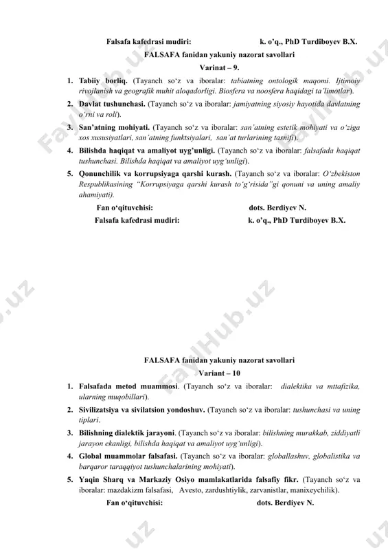 shunchalarining mohiyati). 5. yaqin sharq va markaziy osiyo mamlakatlarida falsafiy fikr. (tayanch so‘z va iboralar: mazdakizm falsafasi, avesto, zardushtiylik, zarvanistlar, manixeychilik). fan o‘qituvchisi: dots. berdiyev n. falsafa kafedrasi mudiri: k. o’q., phd turdiboyev b.x. falsafa fanidan yakuniy nazorat savollari variant – 11. 1. falsafada qonun tushunchasi. (tayanch so‘z va iboralar: falsafada qonun tushunchasi, rivojlanishning umumfalsafiy qonunlari). 2. to‘g‘ri tafakkur qonunlari. (tayanch so‘z va iboralar: ayniyat, nozidlik, uchinchisini istisno, etarli asos qonunlari). 3. madaniyat va sivilizatsiya. (tayanch so‘z va iboralar: madaniyat tushunchasi va uning asosiy fugksiyalari). 4. axloqning mohiyati. (tayanch so‘z va iboralar: axloqiy tamoyillar va me’yorlar). 5. o’rta asrchilik yevropa falafasi va madaniyati. (tayanch so‘z va iboralar: xristianlikning hukmron din va mafkuraga aylanishi, inkvizitsiya, gnostitsizm, apolegetika, patristika, sxolastika). fan o‘qituvchisi: dots. berdiyev n. falsafa kafedrasi mudiri: k. o’q., phd turdiboyev b.x. falsafa fanidan yakuniy nazorat savollari variant – 12. 1. qarama-qarshiliklar birligi va kurashi qonuni. (tayanch so‘z va iboralar: qarama-qarshilik, …