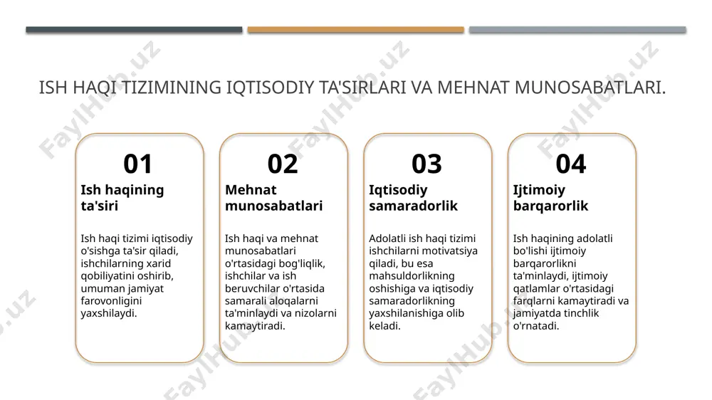 timoiy tenglikni oshiradi. 3 ijtimoiy adolat ijtimoiy adolat mehnat sharoitlari va ish haqining teng taqsimlanishi bilan bog'liq. o'zbekistonda bu tamoyil ishchilar huquqlarini himoya qilishda muhim rol o'ynaydi. mehnat huquqlari: o‘zbekiston qonunchiligidagi asosiy tamoyillar. 1 mehnat huquqlari asoslari o‘zbekiston mehnat huquqlari qonunlari ishchilarning asosiy huquqlarini himoya qiladi, shu jumladan, ish sharoitlari, ish haqi va xavfsizlik. 2 ishchilarning huquqlari ishchilarning huquqlari, jumladan, teng ish haqi, ish joyida diskriminatsiyaga qarshi himoya va kasaba uyushmalari tuzish huquqi ta'minlanadi. 3 qonunchilikdagi o'zgarishlar o‘zbekiston qonunchiligida mehnat huquqlarini kuchaytirishga qaratilgan o'zgarishlar mavjud. bu o'zgarishlar ishchilarning himoya darajasini oshirishga yordam beradi. o‘zbekiston mehnat huquqlari amaliyoti: muvaffaqiyatlar va muammolar. 1 muvaffaqiyatlar - o‘zbekiston mehnat huquqlari amaliyoti sohasida yirik muvaffaqiyatlar, xususan, ishchilarning huquqlarini himoya qilishga qaratilgan qonunlar qabul qilindi. 2 muammolar - biroq, mehnat huquqlarini amalga oshirishda muammolar mavjud. ishchilarning huquqlarini bilmasligi va ularni himoya qilishda kamchiliklar mavjud. 3 kelajak istiqbollari - o‘zbekiston mehnat huquqlari amaliyotini yanada rivojlantirish uchun ta'lim, …
