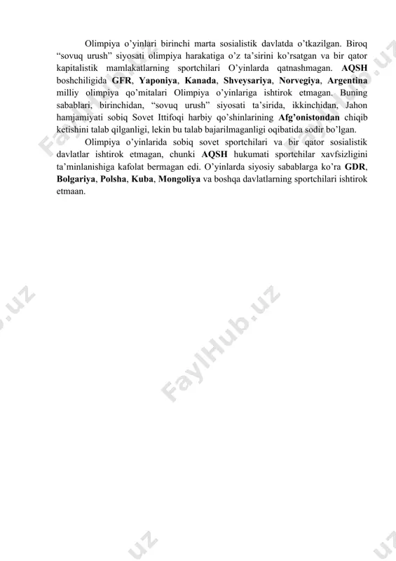 belgilangan. shunga qaramasdan, zamonaviy olimpiya o’yinlari urushlar, boykotlar, norozilik chiqishlsri, hatto terroristik xujumlar bilan to’qnashgan. olimpiya o’yinlari ramziy siyosat doirasiga kirib qolgan vaziyatda uning ikki asosiy shakllarida namoyon bo’lgan. bu – reklama-targ’ibot imkoniyatlari, yani musobaqalarda qatnashish, medallar olish, o’yinlar mezboni rolida chiqish yo’li bilan o’z mavqeini mustahkamlash; turli shakldagi boykotlar orqali olimpiya o’yinlarida qatnashishdan voz kechish, ijtimoiy adolatsizlikka qarshi norozilik bildirish. (prays, 2008).1968–1984 yillar davrida olimpiya o’yinlari ramziy siyosiy musobaqa joyi bo’lib qolgan va bunda boykot kuchli siyosiy qurolga aylangan edi.» [footnoteref:1] [1: j.хоrn, g. yennel. olimpiya o’yinlari kontsepsiyasi. iii- qism. 7-bob. siyosat va olimpiya o’yinlari.taylor-francis group. london and new york. 2012. – 237 p. ] hozirgi kunda xalqaro olimpiya harakatining ko’p muammolari hal qilingan. jumladan, dastlabki olimpiya o’yinlarida paydo bo’lgan irqchilik va millatchilik muammosi xx asrning ikkinchi yarmida sportda kamsitish holatlariga qarshi olib borilgan keskin kurash natijasida bartaraf etilgan. 1972 yil 5 sentyabrda olimpiya sporti tarixida eng katta fojia …