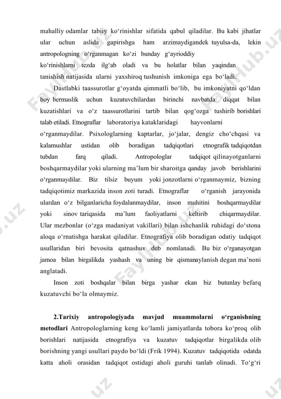 respondentlardan savolnomalarni tо‘ldirishlari talya qilinadi. ayrim hollarda esa savolnomalar xolis tanlangan odamlarv pochta orqali yuboriladi yoki talabalar odamlar bilan muloqot oli boradilar yoki telefon orqali bog‘lanadilar. statistik kitoblarning aksariyatida mavjud statistik raqam jadvali orqali bu guruhlar tanlab olinishi mumkin. antropologning bosh ahloqiy mas’uliyati u о‘rganayotgan odamlar jonzotlar yeki buyumlarga nisbatan javobgarligidadir. har qanday mas’uliyat, javobgarlikning buzilishi tadqiqot olib borishni tо‘xtatishga olib kelishi mumkin. bu kabi bosh ahloqiy mas’uliyatla! rquyidagilarda о‘z ifodasini topgan: zarar yetkazmaslik va noо‘rin ish qilmaslik. insonlar va primatlarning mavjud holatlarini hurmat qilish. arxeologik qoldiq yoki tarixiy hujjatlarni saqlab qolish, tadqiqotda qatnashuvchilar bilan har tomonlama manfaatli aloqalarni о‘rnatishga harakat qilish[footnoteref:4]. [4: conrad phillip kottak cultural anthropology. a.begmatov tarjimasi . toshkent 2004 y. 109 b.] aloqalar о‘rnatuvchi antropologdan ochiq va samimiy bо‘lishi talab etiladi. shu bilan birga antropologlar aloqalardagi chegaralarni о‘zaro о‘rnatib olishlari kerak. antropologlar alohida shaxslar, guruhlar yoki madaniy hamda biologik buyumlarni suiste’mol qilmasliklari kerak. tadqiqotchilar о‘zlari ish …
