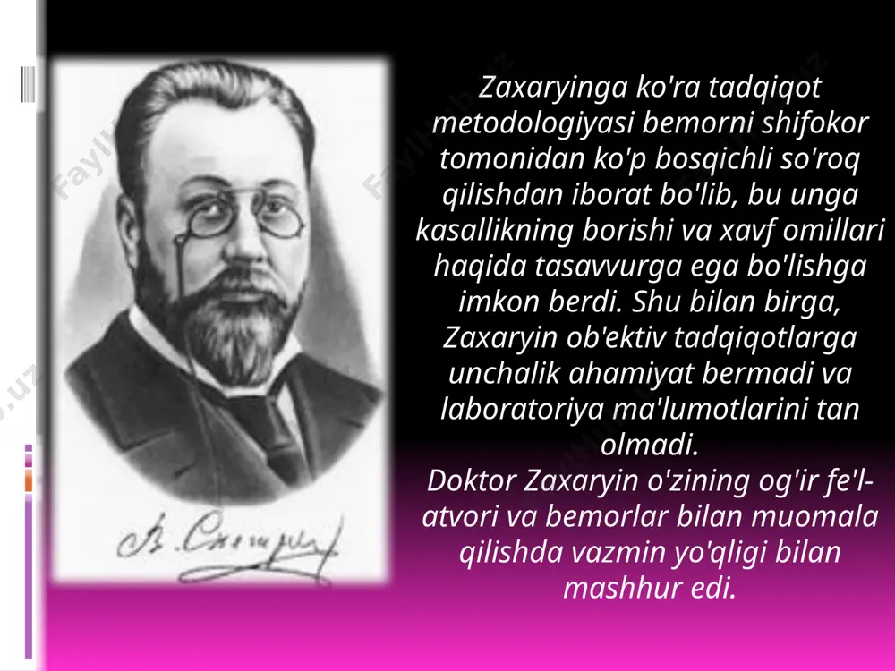 hqozon yarasi va oshqozondan qon ketish holatlarida oshqozonni rezektsiya qilish va sun'iy qizilo'ngachni yaratish bo'yicha operatsiya usullarini ishlab chiqdi. sergey sergeevich yudin 15 ta monografiya yozgan va 181 ta ilmiy ish chop etgan. 1948 yilda u nkvd tomonidan "britaniya razvedkasini mamlakatimiz haqida josuslik ma'lumotlari bilan ta'minlagan sovet davlatining dushmani" sifatida soxta ayblovlar bilan hibsga olingan. qamoqda bo‘lganida u “jarrohning mulohazalari” kitobini yozgan. 1952-yildan 1953-yil sentabrda ozodlikka chiqqunga qadar u surgunda bo‘lgan, shu vaqt ichida berdskda jarroh bo‘lib ishlagan. shifokor faqat 1953 yilda stalin vafotidan keyin ozod qilindi. vladimir petrovich filatov (1875 - 1956) transplantatsiya moddasi donor shox parda bo'lgan shox parda transplantatsiyasi usulini ishlab chiqqan sovet oftalmologi. rekonstruktiv jarrohlik sohasida u ko'chib yuruvchi yumaloq teri poyasi deb ataladigan terini transplantatsiya qilish usulini taklif qildi. filatov, shuningdek, jasaddan shox pardani ko'chirib o'tkazishning jarrohlik oftalmologiya usullarini ishlab chiqdi va amaliyotga kiritdi, oftalmologiyada glaukoma, traxoma va travmalarni davolashning yangi usullarini taklif qildi. amaliyot …