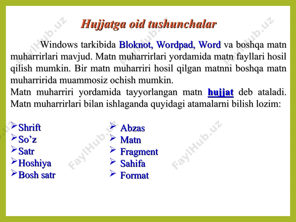 t ko’rinishiga o’tkazish yoki undan chiqib ketish - список - belgili ro’yxat ko’rinishiga o’tkazish yoki undan chiqib ketish - абзац - abzasni tashqariga chiqarish - абзац - abzasni ichki tomonga tortib olish - внешние граници - abzas chegaralarini ramka bilan belgilash. - выделение цветом - tanlangan matn tagini rang bilan bo’yash - цвет шрифта - tanlangan matn harflar rangini o’zgartirish рисование bo’limi. рисование - bo‘limida geometrik figuralar chizish, matn rangi, fon rangi, matnlarni farmatlash mumkin. рисование bo’limi. - действия - grafik obyekt ustidan har xil amallar bajarish. - выбор объекта - grafik obyektni tanlash. - свободное вращение - grafik obyektni o’rtasi bo’yicha aylantirish - автофигуры - har xil grafik shakllarni qo’shish. - линия – to’g’ri chiziqlar chizish - стрелка - strelkalar chizish - прямоугольник – to’rtburchaklar chizish - овал - aylanalar chizish - надпись - ustki yozuvni qo’shish добавить объект word art - chiroyli, grafik jihozlangan va har xil shakllardagi …