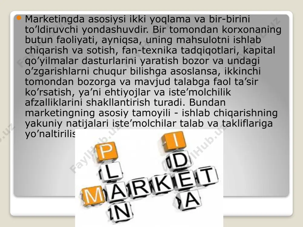 r siyosatini amalga oshirish; baho siyosatini yurgazish. marketingda boshqaruv va nazorat funktsiyasi ham katta ahamiyatga ega bo’lib, u quyidagilarni nazarda tutadi: korxonada strategik va tezkor rejalashtirishni amalga oshirish; jamoani boshqarishning axborot ta’minoti; korxonada kommunikatsiya tizimini tashkil qilish; marketing nazoratini tashkil qilish (teskari aloqa, vaziyat tahlili). marketingning bu va boshqa funktsiyalari uning asosiy vazifasi – tadbirkorlik muhiti dinamikasini kuzatish, ya’ni atrof-muhitning rejalashtirish xarakteri va tendentsiyalari biznesni yuritishga ijobiy ta’sir ko’rsatishi yoki uning oldiga to’siqlar qo’yishini kuzatishni ta’minlashi lozim. tadbirkorlik muhitini tahlil qilish va baholashda avvalo quyidagi omillar hisobga olinishi lozim: iqtisodiy reallik – ichki milliy mahsulot, dispersion daromad, ya’ni ayni paytda erishilgan turmush darajasi; ijtimoiy omillar – aholi tarkibi, qadriyatlar, raqobat, tendentsiyalar; texnik rivojlanish darajasi – texnik taraqqiyot, bozorning texnik taraqqiyotni sezuvchanligi; huquqiy-normativ muhit – qonunchilik, normativ hujjatlar. marketing rejasini ishlab chiqishda ishlab chiqarishni bozor talablariga maksimal moslashtirishni, qo’l ostidagi mavjud vositalar (mahsulot sifati, reklama, servis va x.k.) yordamida bozor va …