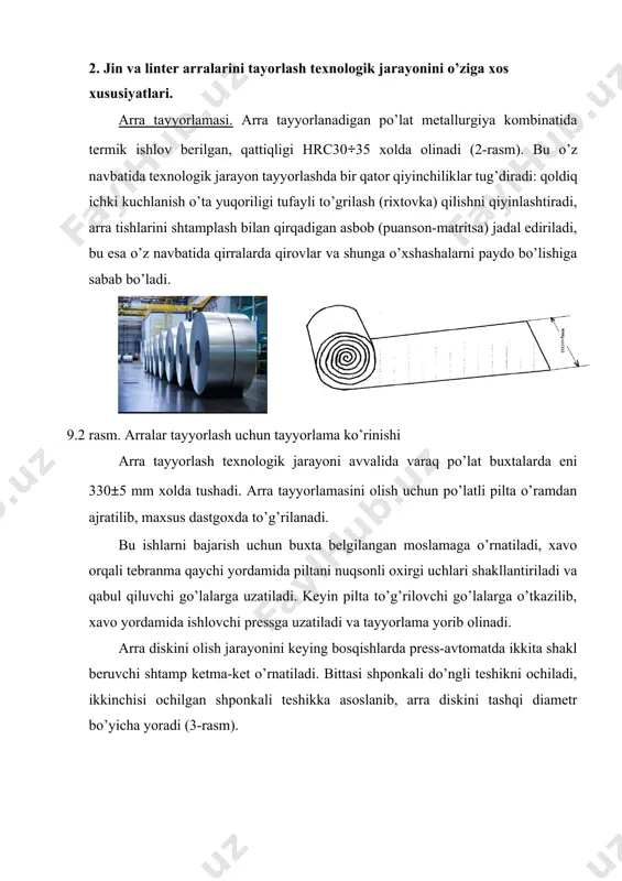 shuning uchun ular edirilishga chidamli materlallardan tayyorlanishi kerak. puansonning chidamliligi 4-4,5 soat bo’lib, shu orada 300 dona arra tishga ishlov berishi mumkin. ishlatilgan jin va linterlarning arralariga qayta tish chiqarish paxta korxonalarini arra ta’mirlash bo’limlarida o’rnatilgan spx arraga tish chiqarish dastgohlarida amalga oshiriladi. 280, 290, 310 va 330 tishli arralarga tish chiqarish uchun spx dastgohi tish chiqarilayotgan arra diametri va tishlar miqdoriga qarab ishlatiladigan almashinuvchi xrapovikli g’ildiraklarga ega. arra tishlari miqdorining arra diametriga qarab o’zgarishi 2-jadvalda keltirilgan. 2-jadval arra tishlari miqdorining yangi va qayta tish chiqarilgan arralar diametriga qarab o’zgarishi qayta tish chiqarish navbati arra diametri bo’yicha tish chuqurligi, mm arra diametri, mm tish miqdori, dona jinlar uchun (yangi arra) 1. 130 arrali jin arrasining tishi chiqarilgandan so’ng 2.tish ikkinchi marta chiqarilganda linterlar uchun (yangi arra) 1. (tish bir marta chiqarilgandan so’ng) 2. –(tish ikki marta chiqarilgandan so’ng) 3. –(tish uch marta chiqarilgandan so’ng) 4. –(tish to’rt marta chiqarilgandan so’ng) …