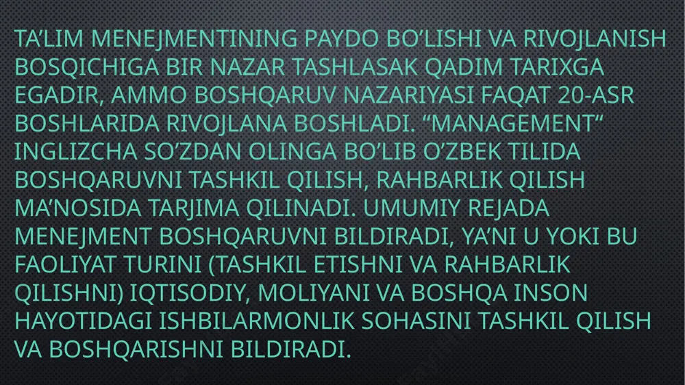 bilan tavsiflanadi. menejmentning quyidagi xususiyatlar asosiy hisoblanadi ta’lim menejmenti «maqsadga muvofiqlik» so’zi bilan aniqlanadigan ma’naviy o’lchovga ega; ta’lim menejmenti – bu fan va san’at (chunki bunda insonlar o’rtasidagi o’zaro munosabatlar katta rol o’ynaydi); menejment mazmunida o’z aksini topadigan shaxs, davlat va jamiyat manfaatlarining o’zaro dialektik birligi; ta’limni boshqarishda jamoatchilikning faol qatnashuvi. yuqoridagilardan ko’rinib turibdiki, endilikda ta’lim tizimini davlat tomonidan boshqarishdan davlat-jamoatchilik boshqaruviga o’tiladi. davlat-jamoatchilik boshqaruvining maqsadi –ta’lim muassasalarining dolzarb masalalarini davlat va jamoatchilik hamkorligida hal qilish, o’qituvchilar, o’quvchilar hamda ota-onalarga ta’lim dasturlarini, turlarini, ta’lim muassasalarini tanlashda huquq va erkinlik berishni kengaytirishdan iborat. ta’lim tizimini davlat tomonidan boshqarish o’zbekiston respublikasining «ta’lim to’g’risida»gi qonunining (1997 yil) 3-moddasida belgilangan ta’lim sohasida davlat siyosatining asosiy tamoyillariga muvofiq amalga oshiriladi. o’zbekiston respublikasining «ta’lim to’g’risida»gi qonunida o’zbekistonda ta’lim sohasini boshqarish respublika tasarrufidagi yuqori hukumat va uning boshqarish organlari hamda mahalliy hukumat va uning boshqarish organlari tomonidan amalga oshirilishi ko’rsatilgan. 11 maktabni boshqarish ishiga maktab inspektsiyasi, ya’ni, …
