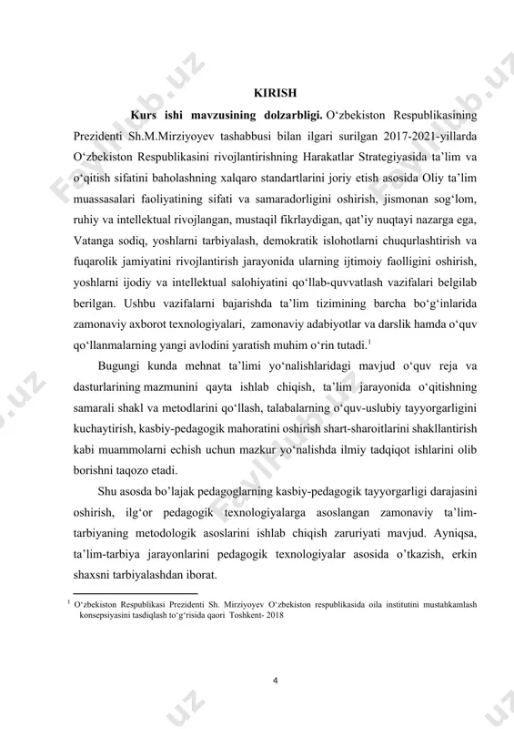 sohasida olib borilayotgan keng ko’lamli islohotlar, ta’lim mazmunini takomillashtirishga oid qabul qilingan hukumat qarorlari, ta’limni hayot bilan bog’lashni, o’qitish samaradorligini oshirishni, tez taraqqiy etib borayotgan jamiyat uchun har tomonlama rivojlangan barkamol avlodni tarbiyalab yetirishni talab qiladi. yangi pedagogik texnologiya ta’limning ma’lum maqsadga yo’naltrilgan shakli, usuli va vositalarning mahsulidir. kuzatuvlar shuni ko’rsatadiki, aksariyat hollarda o’qituvchi dars jarayonida faqat o’zi ishlaydi, o’quvchilar esa kuzatuvchi bo’lib qolaveradilar. ta’limning bunday ko’rinishi o’quvchilarning aqliy tafakkurini o’stirmaydi, faolligini oshirmaydi, ta’lim jarayonidagi ijodiy faoliyatini so’ndiradi. kurs ish ob’yekti: umumta’lim maktablarida mehnat ta’limi fanini pedagogik tizim asosida tashkil etish jarayoni. kurs ish predmeti: muammoli o’qitish texnologiyalarini qo’llash orqali o’quvchilarni zamonaviy pedagogik texnologiyalar asosida o’qitish mazmuni, metodlari, shakllari va vositalari. kurs ish maqsadi: muammoli ta’lim texnologiyalarini qo’llash orqali pedagogik tizim asosida mehnat ta’limi darslarini o’qitish metodikasini ishlab chiqish. kurs ishining tuzilishi va hajmi: kurs ishi kirish, 3 bob, 9 paragraf, xulosa, foydalanilgan adabiyotlar ro’yxatidan iborat bo’lib hajmi 42 sahifani …
