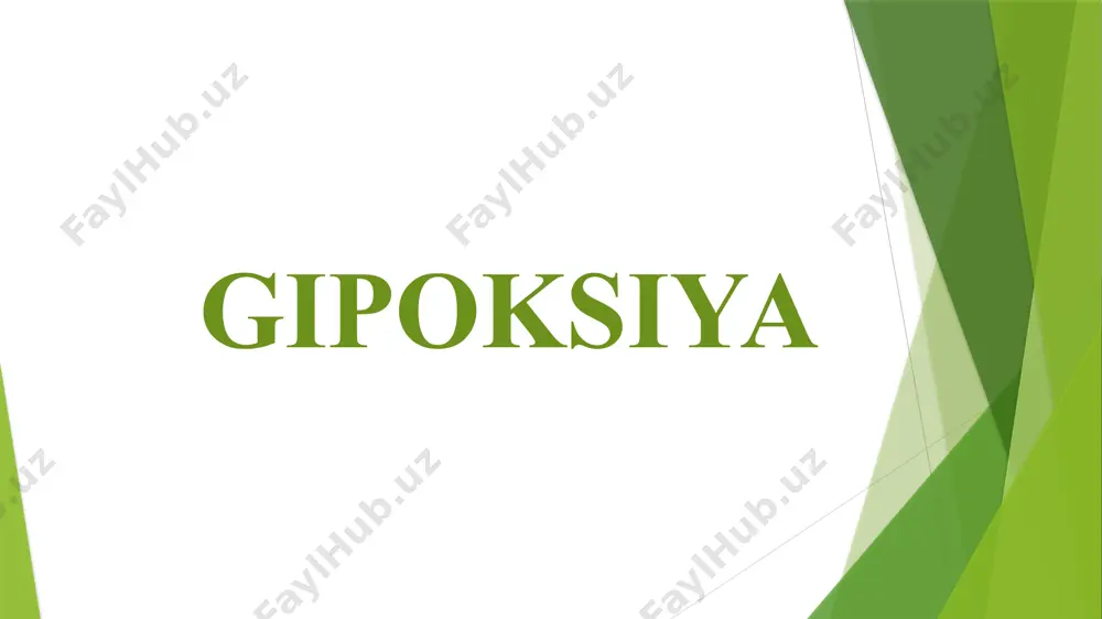 hi,gemoglabin miqdori va qon kislorod sig’imining ortishi,o’pka ventilyatsiyasining ortishi,kislorod yetishmasligiga mns sezgirligining pasayishi kabilardir. anemik gipoksiya bu holatda o’pka funksionalligi saqlangan holda,kislorod odatdagidek kirib boradi.gemoglobin miqdori kamayishi yoki g’ayritabiiy tuzilishga ega bo’lishi natijasida kislorodni to’g’ri bog’lay olmaydi.ko’p qon yo’qotganda ham anemik gipoksiya kuzatiladi.fe va vitamin b12 yetishmasligi ham anemic gipoksiyaga olib keladi. sirkulyator gipoksiya bu gipoksiya sirkulyatsiyaning buzilishi bilan bog’liq bo’lib,yurak yetishmovchiligida, qon yo’qotishda va trombozda(qon tomirlari patologiyalarida) kelib chiqadi. gistotoksik gipoksiya gipoksiyaning bunday turi hujayralar va to’qima kisloroddan foydalanishga qodir bo’lmaganda (masalan,sianidlardan zaharlanganda) yuzaga keladi.bu gipoksiyaning umumiy sabablaridan yana biri spirtli va giyohvand moddalarni iste’mol qilish hisoblanadi. общая схема механизма адаптации организма к гипоксии. о2 хеморецептор ствол мозга сердце дыхание сосуды емкость крови о2 долговременная адаптация гормон homiladorlikda gipoksiya kichkintoy uchun yagona kislorod manbai platsenta bo’lib, u o’z navbatida omasining qonidan oladi.agar uni olishning har qanday bosqichida buzilish bo’lsa,homilaning kislorod ochligi yoki gipoksiya rivojlanadi. dastlabki bosqichlarda gipoksiya organlarning rivojlanishida, …