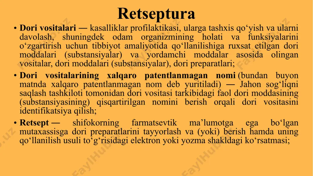 ustuni) va 4°c haroratdagi eng yuqori miqdori. dori shakllari va ularning tasnifi dori shakllarining tasnifi dori shakli – dori moddasini qoʻllash uchun eng qulay holga keltirilgan shaklidir. chunonchi, dori shakllarining quyidagi turlari tafovut qilinadi: 1. suyuq dori shakllari 2. yumshoq dori shakllari 3. qattiq dori shakllari suyuq dori shakllari eritma – solutio  damlama – infusum  qaynatma – decoctum  tindirma – tinctura  aralashma – mixtura  in‘eksiyalar uchun ishlatiladigan dori shakllari – formae medicamentorum pro injectionibus  suyuq ekstrakt – extractum fluidum  quyuq ekstrakt – extractum spissum  quruq ekstrakt – extractum siccum  emulsiya – emulsum  shilimshiq - mucilago  suspenziya – suspensio eritmalar bosh kelishik birlik sonda - solutio, qaratqich kelishik birlik sonda – solutionis, qisqartmasi - sol. eritmalar – dozalarga boʻlinmagan suyuq dori shakli boʻlib, ichga yoki sirtga qoʻllash uchun moʻljallangan qattiq yoki suyuq dori moddasini erituvchida eritish yoʻli bilan hosil qilinadi. …