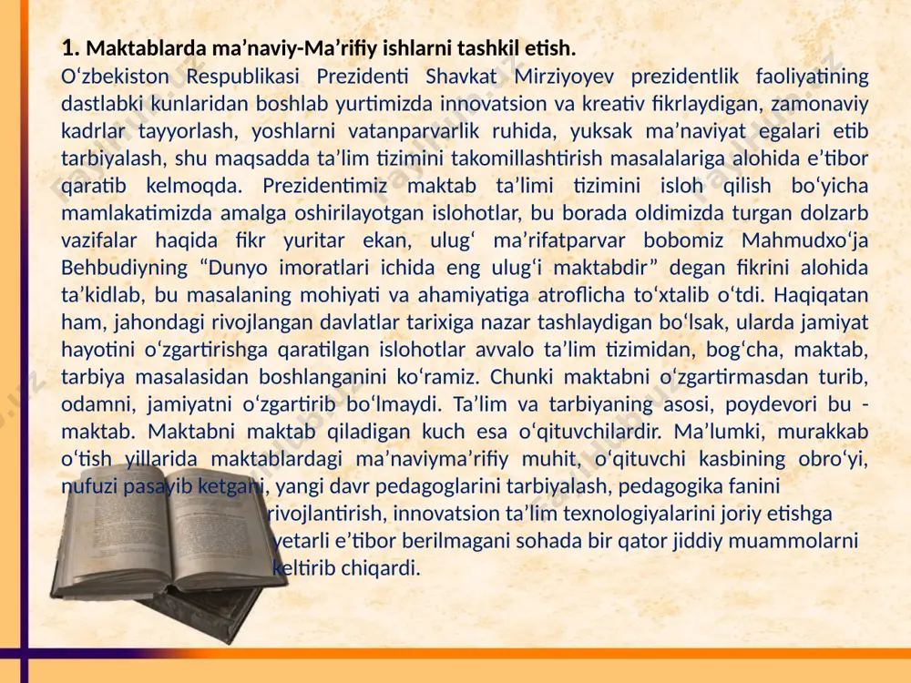 e’zozlash. buyuk bobolarimiz nomlarining tiklanishi. alisher navoiy, amir temur, ahmad yassaviy, so‘fi ollayor va boshqalar. sho’ro davri qatog‘onlari qurbonlari nomlarining tiklanishi. ma’naviy merosdan foydalanishda chalkashliklarga yo‘l qoymaslik. ulami o‘z davrining mahsuli deb tushunish. umuminsoniy qadriyatlardan foydalanish. huquqiy demokratik davlat qurish jarayoni va kadrlar tarbiyasi. islom karimov asarlaridabu masalaga e’tibor. uzluksiz ta’lim tarbiya tizimini insonparvarlashtirishning asosiy maqsad va tamoyillari. ma’naviy-ruhiy, badiiyestetik tarbiyaga o‘tmishda kam e’tibor berilganligi. 0 ‘zbekistonning jahonga yuz tutishi. bozor munosabatlari talabi. kadrlar ongi va qalbiga ezgulik g‘oyalarini singdirish. ma’naviy-ma’rifiy ishlar tizimi respublikamizda ma’naviy-ma’rifiy ishlami olib borish tizimining yo‘lga qo‘yilishi. bolalar bog‘chasi, umumta’lim o‘rta maktabi, o‘rta maxsus kasb-hunar ta’limi, oliy ta’lim, malaka oshirish va ta’limdan tashqari muassasalarda ma’naviyma’rifiy ishlami olib borish va uning o‘ziga xos xususiyatlari. respublika miqyosida ma’naviy-ma’rifiy ishlami olib borish. prezident - ma’naviyat himoyachisi. jamiyatni insonparvarlashtirishda ma’naviy-ma’rifiy ishlarning o‘rni ta’limning insonparvarlashuvi, huquqiy demokratik davlat qurish jarayoni va kadrlar tarbiyasi. islom karimov asarlarida ushbu masalaga e’tibor. uzluksiz ta'lim …