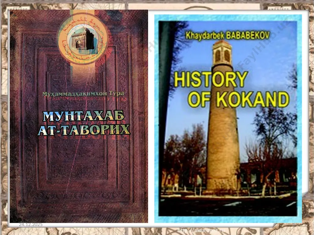 kuchaydi. nihoyat, 1763-yilda taxtga abdukarimbiyning nabirasi norbo'tabiy o'tqazildi (1763-1798). u dastlab chust va namangan hokimlarining isyonini bostirdi. xo'jandni qayta bo'ysundirdi. 04.02.2024 14 manbalarda keltirilgan ma'lumotlarga qaraganda, norbo'tabiy davrida ekinlardan mo'l hosil olinib, bozorlarda narx-navo arzonlashgan. 04.02.2024 15 mamlakatning qudrati o'sgan, hatto xitoy imperiyasi qo'qon xonligini tan olgan. orenburgga boradigan savdo yo'llari tutashgan joyda xonlikning chegara qal'asi oqmasjid qurildi. u o'z davlatini 1805-yili rasman qo'qon xonligi deb e'lon qildi, o'ziga esa «xon» rutbasini oldi va uni rasman olimxon deb atay boshlashdi. 04.02.2024 16 olimxon davlat tuzumi va boshqariluvi 04.02.2024 17 qo'qon xonligi davlat tuzumiga ko'ra mutlaq monarxiya edi. davlat boshlig'i xon bo'lib u rasman cheklanmagan huquqqa ega bo'lgan. xon davlatni hukmron qabila, ruhoniylar, boshqa qabilalarning hukmron tabaqalari, davlat boshqaruvi amaldorlari va harbiylarga tayanib boshqargan. qo'qon xon xudoyorxon tarixchi olim mahmud hoji o'zining «turkiston tarixi» kitobida 24 ta katta davlat mansabiga ta'rif bergan. unga ko'ra, xondan keyingi o'rinda qo'shbegi turgan. 04.02.2024 18 …