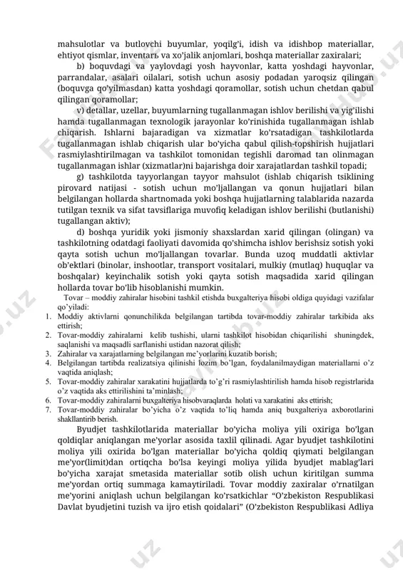 o’rpa-to’shaklar; g) yozuv-chizuv anjomlari (kalьkulyatorlar, stol ustiga qo’yiladigan asboblar va hokazo); d) oshxona inventari, shuningdek sochiq-dasturxonlar; e) ularni barpo etish xarajatlari qurilish-montaj ishlarining tannarxiga kiritiladigan vaqtinchalik (titulda bo’lmagan) inshootlar, moslamalar va qurilmalar; j) foydalanish muddati bir yildan kam bo’lgan almashtiriladigan uskunalar; z) ovlash qurollari (trallar, yoyma to’rlar, to’rlar, anjomlar, matraplar va hokazo). tovar-moddiy zaxiralar tashkilotlarda quyidagilar ko’rinishida bo’lishi mumkin: a) mahsulot ishlab chiqarish, ishlarni bajarish va xizmatlar ko’rsatish, ishlab chiqarishga xizmat ko’rsatish, ma’muriy ehtiyojlar va boshqa maqsadlar uchun mo’ljallangan xom ashyo va materiallar, xarid qilinadigan yarim tayyor mahsulotlar va butlovchi buyumlar, yoqilg’i, idish va idishbop materiallar, ehtiyot qismlar, inventarь va xo’jalik anjomlari, boshqa materiallar zaxiralari; b) boquvdagi va yaylovdagi yosh hayvonlar, katta yoshdagi hayvonlar, parrandalar, asalari oilalari, sotish uchun asosiy podadan yaroqsiz qilingan (boquvga qo’yilmasdan) katta yoshdagi qoramollar, sotish uchun chetdan qabul qilingan qoramollar; v) detallar, uzellar, buyumlarning tugallanmagan ishlov berilishi va yig’ilishi hamda tugallanmagan texnologik jarayonlar ko’rinishida tugallanmagan ishlab …