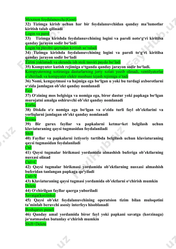 login va parolni qaytadan kiritish so‘raladi 34) tizimga kirishda foydalanuvchining logini va paroli to‘g‘ri kiritilsa qanday jarayon sodir bo‘ladi tizim yuklanadi va ekranda ish stoli tasviri paydo bo‘ladi 35) kompyuter kutish rejimiga o‘tganda qanday jarayon sodir bo‘ladi. kompyuterning xotirasiga dasturlarning joriy xolati yozib olinadi, ventilyatorlar o’chiriladi va kompyuter elektr manbani tejash rejimiga o‘tadi 36) nomi, kengaytmasi va hajmiga ega bo‘lgan u yoki bu turdagi axborotlarni o‘zida jamlagan ob’ekt qanday nomlanadi fayl 37) o‘zining mos belgisiga va nomiga ega, biror dastur yoki papkaga bo‘lgan murojatni amalga oshiruvchi ob’ekt qanday nomlanadi yorliq 38) diskda o‘z nomiga ega bo‘lgan va o‘zida turli fayl ob’ektlarini va yorliqlarni jamlagan ob’ekt qanday nomlanadi папка 39) bir gurux fayllar va papkalarni ketma=ket belgilash uchun klaviaturaning qaysi tugmasidan foydalaniladi shift 40) fayllar va papkalarni ixtiyoriy tartibda belgilash uchun klaviaturaning qaysi tugmasidan foydalaniladi ctrl 41) qaysi tugmalar birikmasi yordamida almashish buferiga ob’ektlarning nusxasi olinad ctrl+c 42) qaysi tugmalar birikmasi …