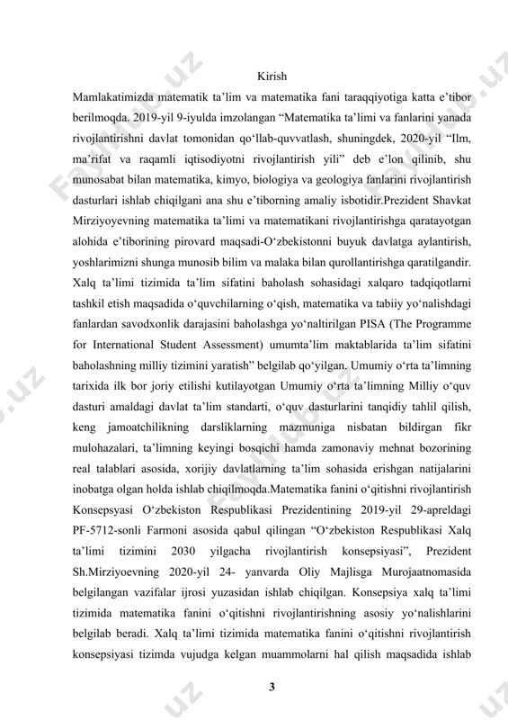 uslubiga nisbatan takomillashtirilgan, samarali boshqaruv usullarini ishlab chiqishni taqozo etadi. matematika ta’limining ahamiyati uning fan-texnika taraqqiyotida, axborot-kommunikatsion texnologiyalarning ishlab chiqarish sohalarida va kundalik hayotda tutgan o‘rni bilan belgilanadi. konsepsiya rivojlangan davlatlar qatoridan o‘rin olish uchun bilimli, tajribali va zamonaviy fikrlaydigan yuksak salohiyatli, raqobatbardosh, kompetent kadrlarni tayyorlash, umumiy o‘rta ta’limning davlat ta’lim standartlarida belgilangan talablar uchun asos bo‘ladi. konsepsiyada belgilangan maqsad va vazifalarni amaliyotga keng joriy etish o‘quvchi-yoshlarning intellektual rivojlanishiga samarali ta’sir etadi. o‘quvchilarning matematik savodxonligi, mantiqiy fikrlashi va amaliy ko‘nikmalarini rivojlantirishga yo‘naltirilgan xalqaro baholash dasturlari (pisa, timss) talablariga mos keladigan amaliy topshiriqlar bazasini yaratiladi va mamlakatimiz o‘quvchilarining mazkur xalqaro baholash dasturlariga muosib qatnashishi ta’minlanadi, matematika fanlari bo‘yicha sinflar kesimida o‘quv metodik majmualarni yangi avlodini ishlab chiqiladi va ta’lim jarayoniga joriy etiladi, matematika fanini o‘qitishda zamonaviy pedagogik texnologiyalarni qo‘llash bo‘yicha innovatsion metodikalar yaratiladi. steam zamon talablari asosida xalqaro miqyosida o‘quvchilarga ta’lim-tarbiya berishda umumta’lim fanlari bo‘yicha fanlararo bog‘lanish va amaliy yondashuvga e’tibor …
