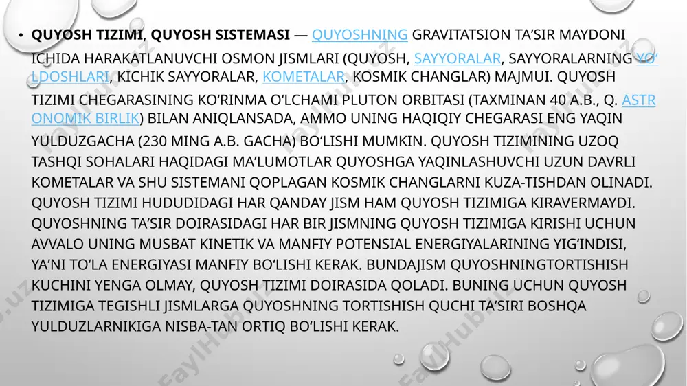 olimi ulug'bek (u birinchi bo'lib samarqandda observatoriya qurgan), polyak olimi n. kopemik, italiyalik g. galiley, j. bruno kabi buyuk olimlar olamning gelio tsentrik sistemasini kashf etganliklari va targ'ib qilganliklari uchun ruhoniylar ulami qattiq jazolab o'ldirdilar. biroq hech narsa kishilik jamiyatini va undagi kishilaming tabiatga bulgan munosabatlari taraqqiyotini to'xtata olmadi. dialektik metod, tabiat va jamiyat hamma vaqt rivojlanishda miqdor o'zgarishidan sifat o'zgarishiga o'tadi, deb tushuntiradi; umuman olganda eming pay do bulishi haqidagi gipotezalar tadrijiy takomil etdi va etmoqda. xviii asrning o'rtalarida yashab ijod etgan nemis filosofi i. kant: «quyosh va planetalami hosil kilgan materiyalar hozirgi quesh sistemasi joylashgan chegarada siyrak tarqalgan va tartibsiz holda harakat qilganlar», deydi. i. kant osmon bo'shlig'idagi zarrachalar o'zaro tortishishi natijasida bir markazda tuplanib quyuqlashgan va hozirgi quyoshning pay do bo'lishiga sabab bulgan, quyosh atrofida aylanib qolgan jismlar esa hozirgi planetalami vujudga keltirgan degan xulosaga keldi. i. kantning materiyalaming tarqalishi siyrak va xarakati tartibsiz bulgan deyishi tug'ri …