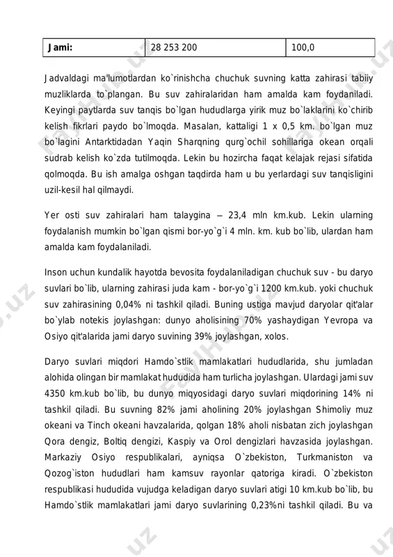 hiralari ham talaygina – 23,4 mln km.kub. lekin ularning foydalanish mumkin bo`lgan qismi bor-yo`g`i 4 mln. km. kub bo`lib, ulardan ham amalda kam foydalaniladi. inson uchun kundalik hayotda bevosita foydalaniladigan chuchuk suv - bu daryo suvlari bo`lib, ularning zahirasi juda kam - bor-yo`g`i 1200 km.kub. yoki chuchuk suv zahirasining 0,04% ni tashkil qiladi. buning ustiga mavjud daryolar qit'alar bo`ylab notekis joylashgan: dunyo aholisining 70% yashaydigan yevropa va osiyo qit'alarida jami daryo suvining 39% joylashgan, xolos. daryo suvlari miqdori hamdo`stlik mamlakatlari hududlarida, shu jumladan alohida olingan bir mamlakat hududida ham turlicha joylashgan. ulardagi jami suv 4350 km.kub bo`lib, bu dunyo miqyosidagi daryo suvlari miqdorining 14% ni tashkil qiladi. bu suvning 82% jami aholining 20% joylashgan shimoliy muz okeani va tinch okeani havzalarida, qolgan 18% aholi nisbatan zich joylashgan qora dengiz, boltiq dengizi, kaspiy va orol dengizlari havzasida joylashgan. markaziy osiyo respublikalari, ayniqsa o`zbekiston, turkmaniston va qozog`iston hududlari ham kamsuv rayonlar qatoriga …