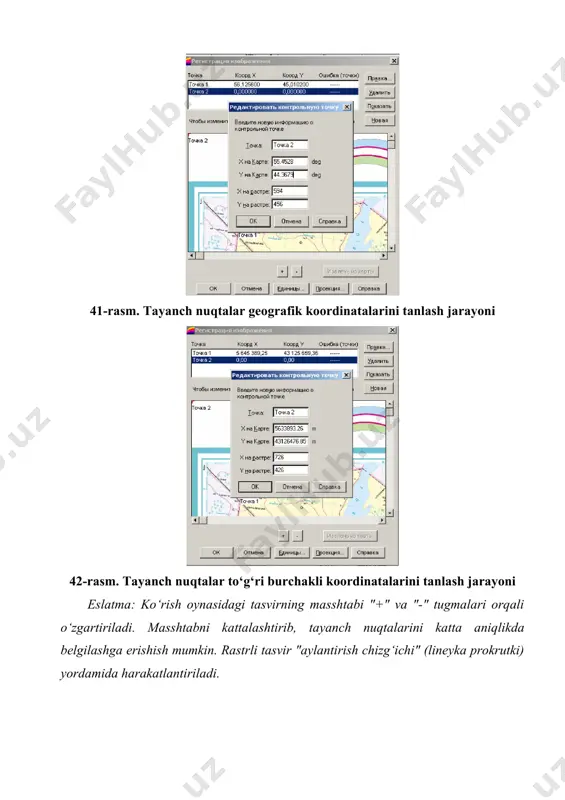 ) o‘z jadvallarini o‘qishga qulay bo‘lgan fayl shaklda yaratgan edi. 4. "ochilsin" "otkrыt" ni bosing. mapinfo rastrlangan tasvirga ega bo‘lgan jadvallarni ochadi va uni monitor oynasida ko‘rsatadi. eslatma: agar "ochilsin" "otkrыt" tugmasini bosganda monitor ekranida rastrli tasvir ko‘rinmasa, "qatlamlarni boshqarish" dialogiga kirib "jihozlash" "oformlenie" yozuviga strelkani keltirib, sichqoncha tugmasini bosib, monitor oynasidagi "chegarada ko‘rsatish" "pokazыvat v predelax" bayroqchasini olib tashlash kerak. koordinatalar tizimida metrlarni o‘rnatish uchun, masofalarni kilometrlarda, maydonlarni esa kv. km larda o‘lchash zarur. buning uchun "karta — rejimlar" "karta — rejimы" menyusiga kiriladi va dialogning kerakli joylarida parametrlarning ko‘satkichlari belgilanadi. adabiyotlar: 1. трифонова т.а. геоинформационные системы и дистанционное зондирование в экологических исследованиях : учеб. пособие для студ. вузов / т. а. трифонова, и. в. мищенко, а. н. краснощеков. – м.: академ. проект, 2005. - 350 с. 2. морозов м.а. информационные технологии в социально-культурном сервисе и туризме. оргтехника. [текст]: учебник для вузов по специальности "социально-культурный сервис и туризм" / …