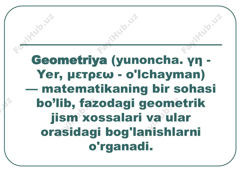 са, бурчак, ўрта чизиқва бошқ. тариф: текисликда бир тўғри чизиқда ётмайдиган учта нуқта ва бу нуқталарни иккиталаб туташтирувчи учта кесмадан иборат фигурага учбурчак дейилади. учбурчакда учта томон ва учта бурчаклар мавжуд ва томонларнинг бирлашган қисми учбурчакнинг учи дейилади. теорема: учбурчак ички бурчакларининг йиғиндиси 180 градусга тенг. учбурчаклар томонлари ва бурчакларига кўра учта турга бўлинади: 1.тенг ёнли, тенг томонли ва турли томонли. 2.тўғри бурчакли, ўткир бурчакли ва ўтмас бурчакли. бундан ташқари учбурчакларда медиана, биссектриса, ўрта чизиқ, баландлик ва ортомарказ каби тушунчалар мавжуд. тариф: учбурчакнинг учидан чиқиб қаршисидаги томонни тенг иккига бўлувчи кесмага учбурчакнинг медианаси дейилади ва улар сони учта бўлади. теорема: учбурчак медианалари кесишади ва кесишиш нуқтасида 2:1 нисбатда бўлади. учбурчакнинг учидан чиқиб ва шу учни тенг иккига бўлувчи ҳамда қаршисидаги томон билан туташувчи кесмага учбурчакнинг биссектрисаси дейилади ва улар сони учта бўлади. тариф: иккита томонининг ўртасини туташтирувчи ва учинчи томонга параллел бўлган кесмага учбурчакнинг ўрта чизиғи дейилади ва улар сони …