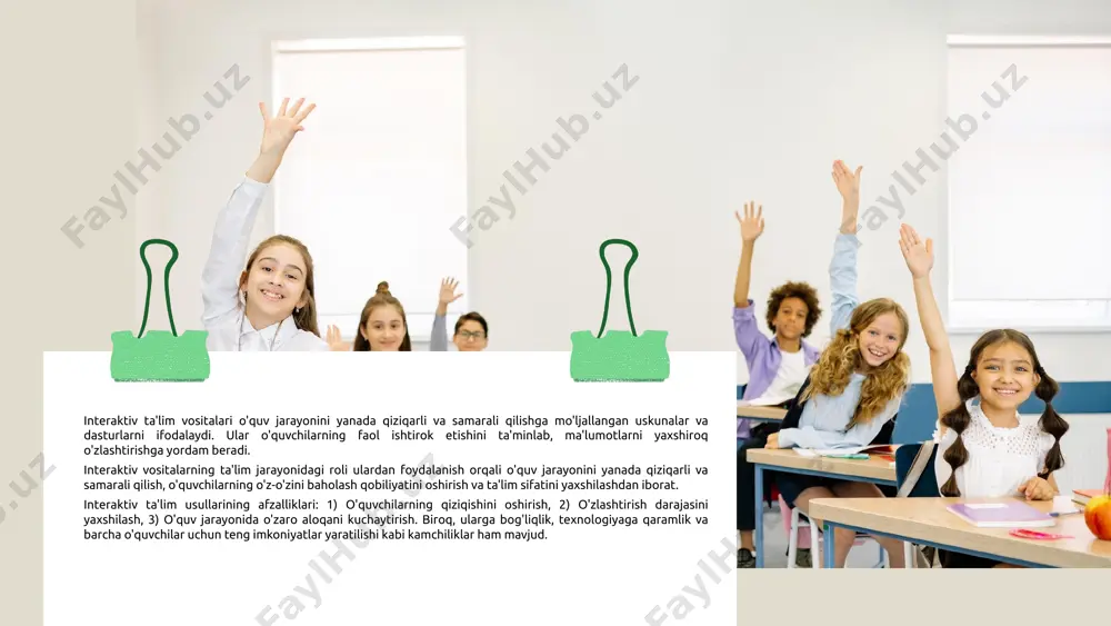 rlari kelajakda innovatsion yondashuvlar bilan yangilanadi va talablarning o'zgarishiga mos keladi. o'zbekistonda ta'lim tizimida davom etayotgan o'zgarishlar, sifatni oshirish va zamonaviy bilimlarni joriy etishga qaratilgan. ijtimoiy va iqtisodiy omillar ta'lim tizimining rivojlanishiga ta'sir qiladi, bu esa yangi imkoniyatlar va natijalarga olib keladi. xalqaro hamkorlik orqali ta'lim dasturlarini takomillashtirish va tajriba almashish muhim ahamiyatga ega. kelajakda ta'lim sohasida raqobatbardosh bilimlar va ko'nikmalarni rivojlantirishga e'tibor qaratiladi. innovatsion yondashuvlar ta'limda innovatsion yondashuvlarning ta'rifi ta'limda innovatsion yondashuvlar yangi metod va strategiyalarni o'z ichiga oladi. ular o'quv jarayonini yanada samarali qilish uchun mo'ljallangan. ta'lim jarayonidagi ahamiyati innovatsion yondashuvlar ta'lim jarayonida o'quvchilarning motivatsiyasini oshiradi. bu, o'quvchilarni faol ishtirok etishga va ijodiy fikrlashga undaydi. ta'lim sohasidagi yangiliklar so'nggi paytlarda ta'lim sohasida ko'plab innovatsion texnologiyalar joriy etilmoqda. bu jarayonlar ta'lim samaradorligini oshirishga qaratilgan. o'quv jarayonida interaktivlik interaktiv ta'limning ahamiyati va usullari. interaktiv ta'lim metodlari haqida umumiy ma'lumot interaktiv ta'lim metodlari, o'quvchilarning faol ishtirokini ta'minlashga qaratilgan. bu usullar, o'quv …