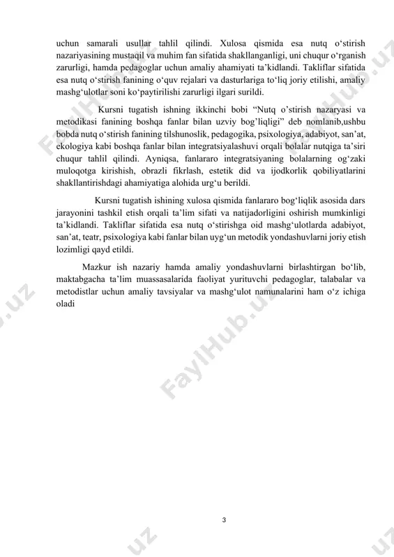 ri asosida yangi yondashuvlarning joriy etilishi maktabgacha yoshdagi bolalarning har tomonlama rivojlanishini ta’minlashga qaratilgan. ushbu yondashuvlarning muhim jihatlaridan biri – bu bolalarda to‘g‘ri, boy va izchil nutqni shakllantirish, ularning muloqot ko‘nikmalarini rivojlantirish va mustaqil fikrlashga o‘rgatishdan iboratdir. kursni tugatish ishi mavzusining dolzarbligi: bugungi kunda maktabgacha ta'lim tizimida bolalarning nutqiy rivojlanishi davlat ta'lim standartlari doirasida alohida e’tibor markazida turibdi. zero, bola nutqining rivojlanish darajasi uning tafakkuri, ijtimoiylashuvi, maktabga tayyorgarligi va keyingi bosqichlardagi muvaffaqiyatli ta’lim olishini belgilaydi. shu nuqtai nazardan qaraganda, “nutq o‘stirish nazariyasi va metodikasi” fani maktabgacha ta’lim yo‘nalishidagi asosiy yo‘nalishlardan biri hisoblanadi. tahlillar shuni ko‘rsatadiki, maktabgacha yoshdagi bolalar bilan olib boriladigan nutqiy mashg‘ulotlarda tilshunoslik nazariyasiga asoslangan fonetik, grammatik, leksik mashqlar, psixologik yondashuvlarga tayangan og‘zaki fikrlashni faollashtirish, adabiyot va dramatik asarlardan foydalanish kabi usullar juda muhim ahamiyatga ega. demak, “nutq o‘stirish nazariyasi va metodikasi” fani boshqa fanlar bilan o‘zaro uzviy bog‘liq holda bolalarda nutqiy va tafakkuriy kompetensiyalarni shakllantirishga xizmat qiladi. kursni …