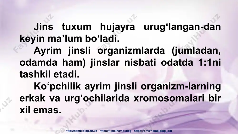 lashgan bo‘ladi. shunday genlar ishtirokida rivojlangan belgilar jinsga bog‘liq holda irsiylanadi. http://nambiolog.zn.uz https://t.me/nambiolog https://t.me/nambiolog_bot drozofilada ko‘zning qizil (a), oq (a) bo‘lishini ta’min etuvchi gen jinsiy x - xromosomada joylashgan. bu belgi jinsga bog‘liq holda irsiylanadi. odamda gemofiliya (qonning ivimasligi) hamda daltonizm (qizil va yashil ranglarni ajrata olmaslik) kasalliklarini belgilovchi genlar x- xromosomada joylashgan. bu kasalliklar jinsga bog‘liq holda irsiylanadi. http://nambiolog.zn.uz https://t.me/nambiolog https://t.me/nambiolog_bot xh xh- gemofiliya genini tashuvchi ayol xh y- sog‘lom erkak xh xh- gemofiliya bo‘yicha kasal ayol ushbu nikohdan 1 ta sog‘lom qiz; 1ta sog‘lom o‘g‘il; 1 ta tashuvchi qiz; 1 ta kasal o‘g‘il farzandlar tug‘ildi; ya’ni o‘g‘illarning yarmi kasal bo‘ladi. http://nambiolog.zn.uz https://t.me/nambiolog https://t.me/nambiolog_bot 1. mavzuni o‘qish, savollarga javob yozish. 2. daltonizm retsessiv belgi bo‘lib x- xromosomaga birikkan holda irsiylanadi. daltonik erkak va sog‘lom ayol nikohidan qanday farzand tug‘iladi? uyga vazifa http://nambiolog.zn.uz https://t.me/nambiolog https://t.me/nambiolog_bot http://nambiolog.zn.uz https://t.me/nambiolog https://t.me/nambiolog_bot