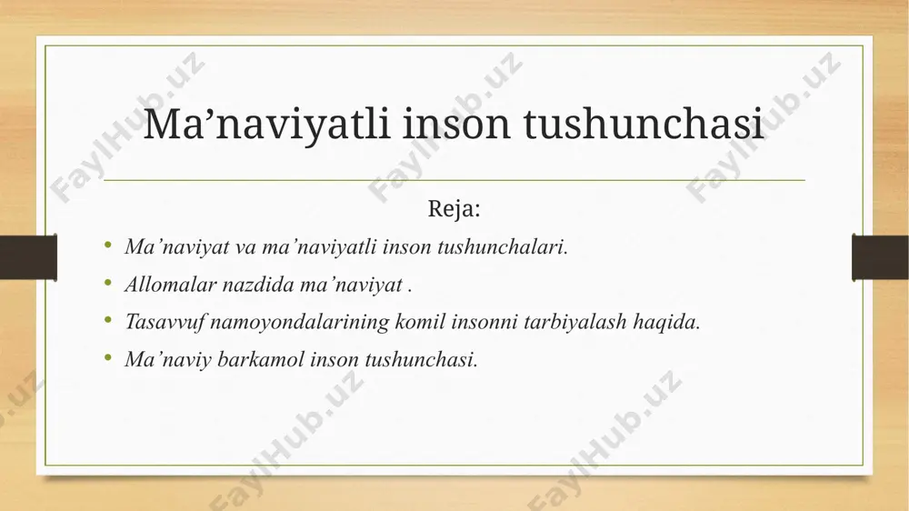 qida qo‘llanilishiga ishora qilib, ma’naviy va dunyoviy o‘rtasidagi farqni ko‘rsatadi. s. i. ozhegov 1949 yilda “ma’naviy” so’zini dinga (musiqa, akademiya, kollej) tegishli deb ta’riflagan s. a. kuznetsov 1998 yilda ikkita tushunchani ajratib ko’rsatadi: birinchisi – din bilan bog’liq va ikkinchisi – dunyoga falsafiy qarashga ega. qizig’i shundaki, sinonimlar lug’atida ma’naviy rivojlanmagan shaxsning ta’rifi ko’rinmas ko’rinadi: o’tgan, qoloq, baxtsiz deya o‘z fikrlarini bildirgan. ma’naviyat insonni hayotning boshqa shakllaridan ajratib turishi, ijtimoiy xususiyatga ega ekanligi aniqlandi. inson mumkinma’naviyatdan foydalanish va buni qay darajada qilsa, u o’z hayotining ma’nosini, undagi roli va o’rnini bilib oladi. tarbiyangni ayab unisini nobud qilma, tarbiyangni bunisiga zoe ketkazma”, - deb ta’kidlagan a.navoiy. bundan tarbiyaning natijasi odamni qobiyatlilik darajasiga bevosita bog‘liqligi asoslanayapti. masalan, qobiliyati bo‘lmagan insonni aqlli mehnat qilishga yo‘llash ijobiy natija bermasligini ta’kidlash kerak. yoki biror kasblarni egallashga ham bu g‘oyani tadbiq etish mumkin. tasavvuf namoyondalari komil insonni tarbiyalash haqida. islom madaniyatining tarkibiy qismi bo’lgan tasavvuf islom …