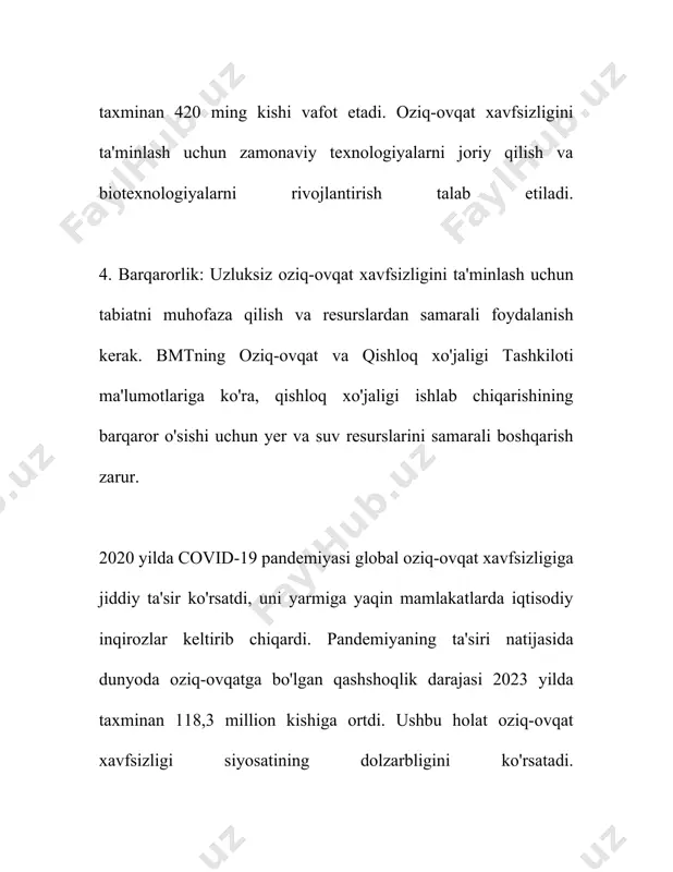 oq va galla. - paxta eksportidan keladigan daromad ozbekistonning umumiy eksport hajmining taxminan 10-15% ini tashkil etadi. - ozbekistonning asosiy qishloq xojaligi mahsulotlari xaridorlari: rossiya, xitoy, qozogiston, turkiya va janubiy koreya. - 2022 yilda ozbekiston qariyb 1 million tonna meva-sabzavot eksport qildi. - qishloq xojaligi mahsulotlarining umumiy eksport hajmi songgi yillarda har yili 10% dan ortiq osmoqda. 2. ozbekiston qishloq xojaligi importi: - ozbekiston har yili qishloq xojaligi texnikasi va uskunalari, kimyo ogitlari, oziq-ovqat mahsulotlari va uruglarni import qiladi. - 2022 yilda ozbekiston taxminan 1 milliard aqsh dollari qiymatidagi oziq-ovqat mahsulotlarini import qildi. - asosiy import qilinadigan oziq-ovqat mahsulotlari: bugdoy, kungaboqar yogi, qahva va shakar. - bugdoy importining asosiy manbai qozogiston hisoblanadi, undan yiliga qariyb 2 million tonna bugdoy import qilinadi. - qishloq xojaligi texnikasi importi kopincha germaniya, aqsh va xitoydan amalga oshiriladi. - taxminan 25% ogitlar chet eldan import qilinadi, asosiy yetkazib beruvchilar rossiya va xitoy. 3. boshqa statistik …