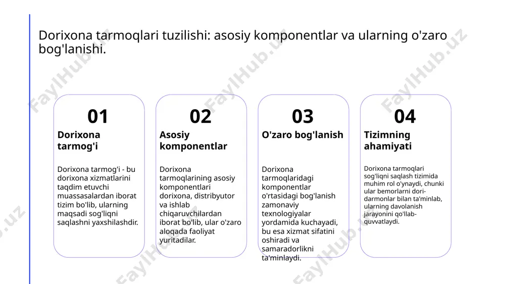 va xizmatlarni yaxshilashda yordam beradi, bu esa boshqaruvni samarali qiladi. 3 xizmatlarni diversifikatsiya - innovatsiyalar dorixona xizmatlarining diversifikatsiyasiga olib keladi, masalan, sog'liqni saqlash maslahatchilari va onlayn maslahatlar, bu esa bemorlarning qoniqishini oshiradi. dorixona tarmoqlari va sog'liqni saqlash tizimidagi integratsiya. 1 dorixona tarmoqlari integratsiyasi dorixona tarmoqlari sog'liqni saqlash tizimida muhim rol o'ynaydi, bemorlarni davolash jarayonida dori vositalarini taqdim etish orqali integratsiyani kuchaytiradi. 2 sog'liqni saqlash bilan aloqasi dorixona tarmoqlari sog'liqni saqlash muassasalari bilan hamkorlik qilib, bemorlar uchun xavfsiz va samarali dori ta'minotini ta'minlaydi, bu esa umumiy sog'liqni yaxshilaydi. 3 raqamli texnologiyalar zamonaviy raqamli texnologiyalar dorixona tarmoqlarining sog'liqni saqlash tizimiga integratsiyasini osonlashtirib, dori vositalarining inventarizatsiyasini va tarqatilishini optimallashtiradi. sog'liqni saqlashda dorixona tarmoqlarining rolini tahlil qilish. dorixona tarmoqlarining ahamiyati sog'liqni saqlash integratsiyasi mijozlarga xizmat ko'rsatish dorixona tarmoqlari sog'liqni saqlash tizimida muhim rol o'ynaydi, bemorlarga dori-darmonlarni taqdim etish, maslahatlar berish va sog'lomlashtirish xizmatlarini ko'rsatadi. dorixona tarmoqlari sog'liqni saqlash tizimiga integratsiyalashgan holda, shifokorlar va bemorlar …