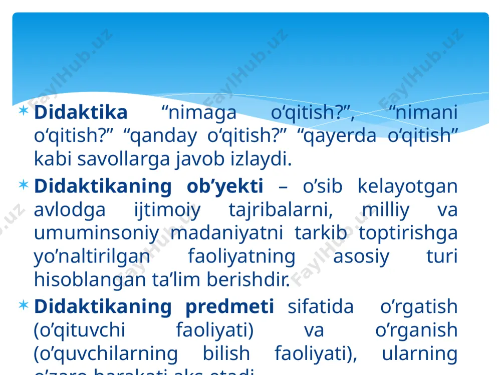 abiiy va ijtimoiy borliq, shaxslararo munosabatlar, shaxsning rivojlanish qonuniyati mohiyatini anglatuvchi ma’lumotlar bilan tanishtirish orqali ularda mavjud bilimlarni amaliyotga tatbiq etish ko’nikma, malakalarini shakllantirishdan iborat. ta’lim jarayonining ta’lim berish funksiyasi nimadan iborat? ta’limning tarbiyalash funksiyasi ta’lim jarayonida o’quvchilarning ongini rivojlantirish asosida ularda yuksak ma’naviy-axloqiy sifatlarni, faoliyat ko’nikma, malakalarini shakllantirish, ularni ijtimoiy hayotga samarali tayyorlashni bildiradi. turli ijtimoiy tuzum va sharoitda ham ta’limning tarbiyalash funktsiyasi yaqqol namoyon bo’lib kelgan. ta’lim jarayonining tarbiyalash funksiyasi qanday ma’noni anglatadi? ta’limning rivojlantirish funksiyasi ta’lim jarayonida o’quvchilar tomonidan ilmiy bilimlarning samarali o’zlashtirilishi, ong va dunyoqarashning shakllanishi uchun zarur pedagogik shart-sharoitlarni yaratish asosida ular shaxsining rivojlanishiga erishishni ifodalaydi. ta’limning rivojlantirish funksiyasi nimadan iborat? ta‘lim qonuniyatlari bu - o’qitish jarayoniga qo’yiladigan talablar yig’indisidir. ta‘lim printsip (qonuniyat) lari deb, ta‘limning barcha bosqichlari va hamma predmetlarini o’qitish uchun asos bo’ladigan qonuniyatlar, qoidalarga aytamiz. ta‘lim qonuniyatlari o’quvchi va o’qituvchi orasidagi eng muhim ichki ahamiyatni aks ettiradi. ta'lim qonuniyatlari va tamoyillari. ta‘lim …