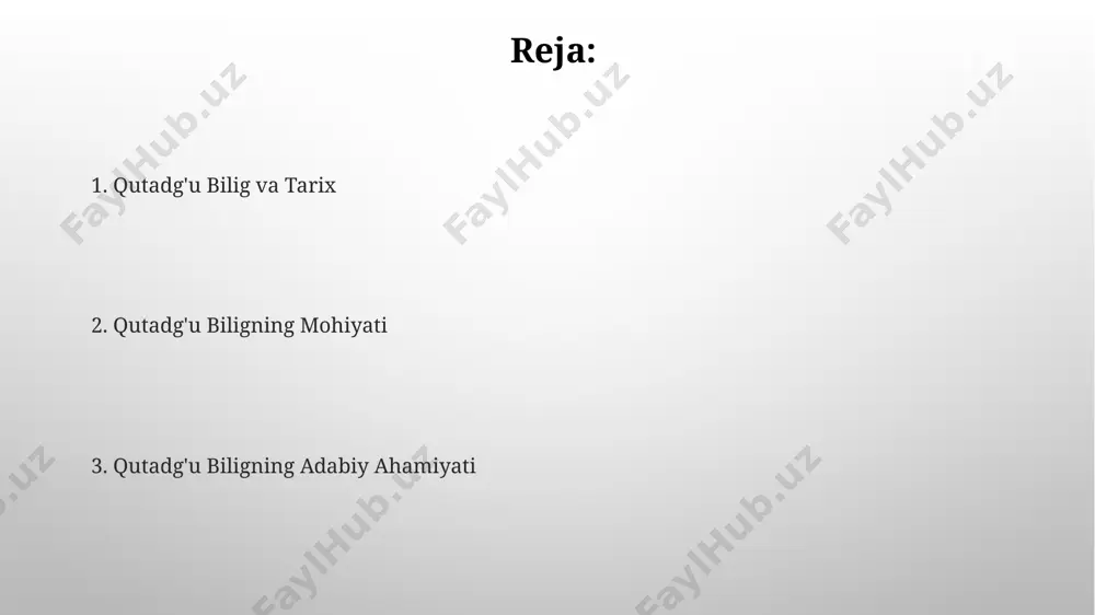 usxalarining mavjudligi, jumladan, turkiya, germaniya va o'zbekiston kutubxonalarida saqlanishi uning o'rganilishini murakkablashtiradi. asosiy matnning turkiy tillaridagi 4 ta dialektda yozilganligi va ulardagi leksik, grammatik xususiyatlarning o'ziga xosligi "qutadg'u bilig"ning talqinini boyitadi, ammo qiyinchiliklarni ham keltirib chiqaradi. qutadg'u biligning tarixi қутдуғу билиг 11-асрда, хоразм шаҳрида, мусулмон оламидаги машҳур олим ва шоир юсуф хоразмий томонидан яратилганлиги тахмин қилинади, ҳажми 600 дан ортиқ байтдан иборатдир. қутдуғу билигнинг қўлёзма нусхалари турли кутубхоналарда, жумладан, берлин, лондон ва тошкентдаги кутубхоналарда сақланади, баъзи қўлёзмалар 13-15 асрларга тегишлидир. qutadg'u biligning muallifi yusuf xos hojib yusuf xos hojibning "qutadg'u bilig" asari turkiy filologiyasi tarixida muhim manba hisoblanib, hozirgi kunda dunyoning 10 dan ortiq kutubxonasida saqlanadigan qo'lyozmalar mavjud. asarda 66 bobdan iborat bo'lib, har bir bobda davlat boshqaruvi, adolat, ma'rifat, axloq va boshqa muhim mavzularda 800 dan ortiq baytlar o'rin olgan. e'tiboringiz uchun rahmat @taqdimot_robot image3.png image4.jpg image5.jpg image6.jpg image7.jpg image8.jpg image9.jpg image10.jpg image1.png