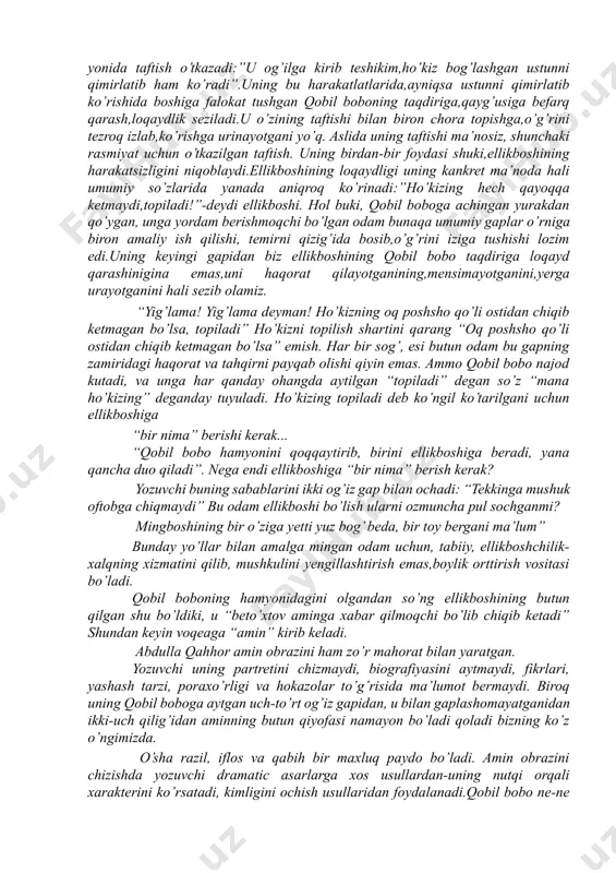 “oq poshsho qo’li ostidan chiqib ketmagan bo’lsa” emish. har bir sog’, esi butun odam bu gapning zamiridagi haqorat va tahqirni payqab olishi qiyin emas. ammo qobil bobo najod kutadi, va unga har qanday ohangda aytilgan “topiladi” degan so’z “mana ho’kizing” deganday tuyuladi. ho’kizing topiladi deb ko’ngil ko’tarilgani uchun ellikboshiga “bir nima” berishi kerak... “qobil bobo hamyonini qoqqaytirib, birini ellikboshiga beradi, yana qancha duo qiladi”. nega endi ellikboshiga “bir nima” berish kerak? yozuvchi buning sabablarini ikki og’iz gap bilan ochadi: “tekkinga mushuk oftobga chiqmaydi” bu odam ellikboshi bo’lish ularni ozmuncha pul sochganmi? mingboshining bir o’ziga yetti yuz bog’ beda, bir toy bergani ma’lum” bunday yo’llar bilan amalga mingan odam uchun, tabiiy, ellikboshchilik-xalqning xizmatini qilib, mushkulini yengillashtirish emas,boylik orttirish vositasi bo’ladi. qobil boboning hamyonidagini olgandan so’ng ellikboshining butun qilgan shu bo’ldiki, u “beto’xtov aminga xabar qilmoqchi bo’lib chiqib ketadi” shundan keyin voqeaga “amin” kirib keladi. abdulla qahhor amin obrazini ham zo’r mahorat …