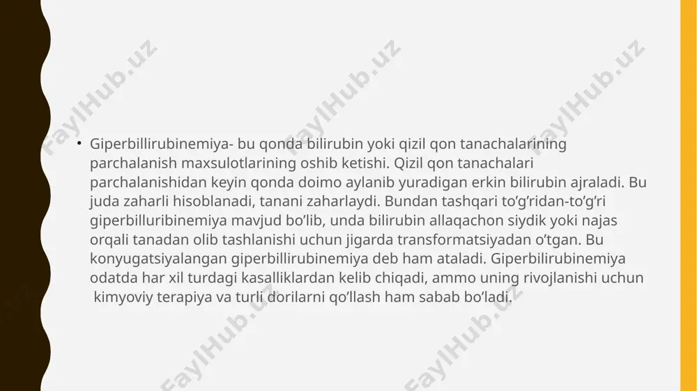 sh mexanizmiga qarab sariqlikning 3 turi farqlanadi -jigar usti sariqligi (gemolitik) -hujayraviy (gepototsitlar zararlanishida kuzatiladi) -jigar osti (mexanik, obturatsion- o’t ajralishining buzilishida kuzatiladi) jigar usti sariqligida qonda erkin bilirubin 100 mkmol/l gacha ortadi, bog’langan bilirubin esa normada. qondagi belgilari- qon urobilinogeni ortgan, gemoglobin, gaptoglobin kamaygan. ast, gidroksibutiratdegidrogenaza faolligi o’rtacha ortgan. siydikdagi belgilari- urobilinogen ortgan, siydik rangi o’zgarmagan, najas rangi to’q jigarrang, teri rangi ko’kimtir-sariq bo’ladi. hujayraviy sariqligida- qonda erkin bilirubin jigarda konyugatsiyaning pasayishi hisobiga ortgan. siydikdagi belgilari- urobilinogen ortadi, siydik rangi to’q sariq, najas rangi jigarrang, teri rangi sariq bo’ladi. jigar osti sariqlikda- qonda erkin bilirubin juda oz darajada ortgan. qonda bog’langan bilirubin esa 300 mkmol/l gacha keskin ortgan. qondagi belgilari- ishqoriy fosfataza ortgan, qonda bilirubinning maxsus fraksiyasi- albumin ilan kovalent bog’langan konyugatsiyalangan bilirubin paydo bo’ladi, u davomli giperbilirubinemiyada paydo bo’ladi. siydikdagi belgilari- siydikda urobilin va stercobilin yo’q. siydik rangi to’q jigarrang (pivo rangi) najas rangi rangsiz(it axlati rangi), teri …