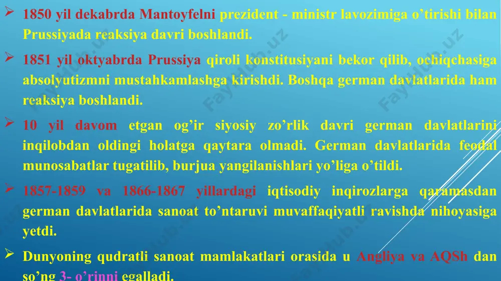 siyada konstitusiyaviy nizo va otto fon bismarkning hokimyatga kelishi italiyadagi voqyealar ta’siri natijasida prus burjuaziyasi safida birlashtirishning turli yo’llari tarafdorlari o’rtasidagi kurashning keskinlashuvi prussiya hukumatining siyosatiga ham ta’sir qildi. yangi qirol vilgelm i islohotlar o’tkazishga va’da berdi. ammo islohotlar boshlash taraddudi cho’zilib ketishi natijasida hukumat bilan landtagdagi burjua muxolifati o’rtasida to’qnashuvlar boshlandi. to’qnashuvlar keyinchalik konstitusiyaviy nizo deb atalgan siyosiy inqirozga sabab bo’ldi. bu nizoni 1860 yil fevralda harbiy ministr fon roonning harbiy islohotlar haqida landtagdagi bildirgan taklifi keltirib chiqardi. prussiya hamon armiyaga suyanuvchi davlat bo’lib, unda yunkerlar hukmron mavqyega ega edi. yunkerlar liberal burjuaziya talablariga qarshilik ko’rsatayotgan asosiy kuch edi. harbiy islohotlar to’g’risidagi fon roonning loyihasi harbiy xizmat muddatini 2 yildan 3 yilga uzaytirish, armiya hajmini oshirish va uning tuzilishini o’zgartirishdan iborat edi. shahzoda - regent vilgelm (1861 yildan vilgelm i prussiya qiroli) yevropa kontinentida bo’lishi mumkin bo’lgan halqaro nizolar uchun katta hajmdagi zamonaviy armiya tuzishga va yunkerlarni mavqyeini mustahkamlashga …