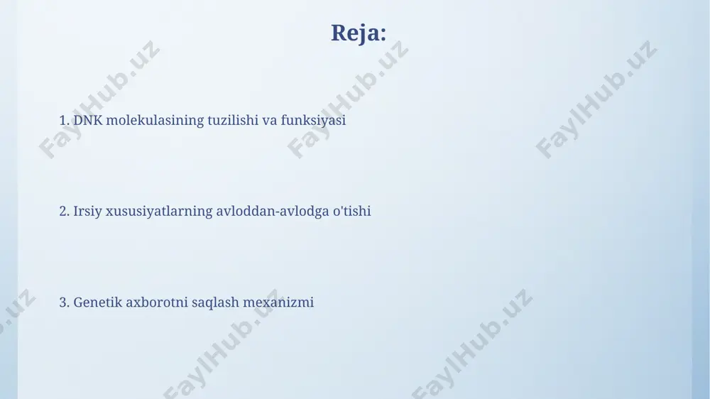 i turli xil genetik kasalliklarga, masalan, talassemiyaga olib kelishi mumkin. dnkning 4 ta azotli asoslari (adenin, guanin, sitozin, timin) ketma-ketligi insonda taxminan 3 milliard juft genni kodlaydi va irsiyat xususiyatlarini belgilaydi. mutatsiyalar va ularning oqibatlari radiatsiya ta'siri ostida, masalan, chernobil aes hodisasi kabi yadroviy falokatlardan keyin, dnk ning 5-10% ga mutatsiyalanishi kuzatilgan bo'lib, bu esa keyingi avlodlarda saraton va boshqa genetik kasalliklar xavfini oshiradi. o'zbekistonda o'tkazilgan tadqiqotlar shuni ko'rsatdiki, 1000 ta tug'ilgan chaqaloqdan 2-3 tasida mutatsiyalar kuzatiladi, bu esa turli xil irsiy kasalliklar, masalan, fenilketonuriya yoki duchenne mushak distrofiyasi kabi kasalliklarga olib kelishi mumkin. transkripsiya va rnk sintezi rnk sintezi jarayonida dnkning 3’ dan 5’ tomon o'qilishi natijasida 5’ dan 3’ tomonga mrnk molekulasi hosil bo'ladi, bu esa genetik kodning transkripsiyasini ta'minlaydi. prokaryotlarda, masalan, escherichia coli bakteriyalarida, transkripsiya va translyasiya jarayonlari bir vaqtning o'zida sitoplazmada amalga oshiriladi, bu esa oqsil sintezini tezlashtiradi. dnk molekulasining tuzilishi dnk molekulasi ikkita uzun polimer …