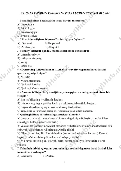 falsafa fanidan yakuniy nazorat uchun test savollari — DOCX