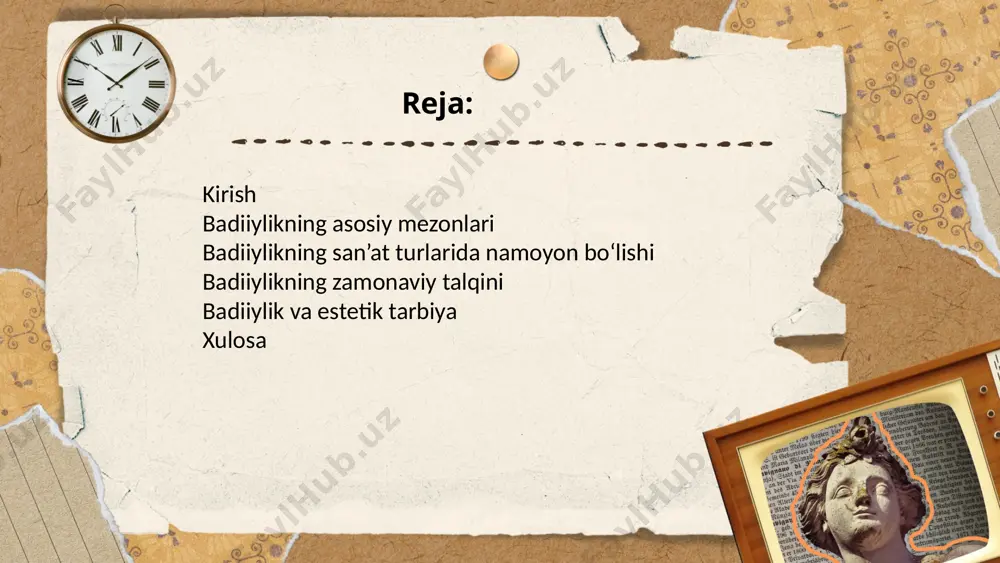 l ta’sirchanlik badiiy asarning asosiy vazifalaridan biri o‘quvchida yoki tomoshabinda hissiy kechinmalar uyg‘otishdir. his-tuyg‘ularning haqqoniy va chuqur ifodasi asarning emotsional ta’sirchanligini oshiradi. bu, o‘z navbatida, o‘quvchini o‘ylantiradi, hayajonlantiradi yoki tasalli beradi. ... t.me/slaydai_bot 2.4. til va uslubning boyligi badiiy asarning til va uslub jihatidan boyligi uning badiiylik darajasini oshiradi. uslubiy xususiyatlar asarning o‘ziga xosligini belgilaydi. masalan, alisher navoiy ning asarlaridagi she’riy til va poetik uslub badiiylikning eng yuksak namunasidir. ... t.me/slaydai_bot 3. badiiylik mezonlarining zamonaviy talqini zamonaviy adabiyot va san’atda badiiylik mezonlari kengayib, turli yo‘nalishlarda o‘ziga xoslik kasb etmoqda. hozirgi davrda nafaqat klassik badiiy mezonlar, balki zamonaviy texnologiyalar va yangi uslublar ham badiiylikni belgilashda muhim rol o‘ynamoqda. shu sababli, badiiy asarlarni baholashda nafaqat mazmun va shakl uyg‘unligi, balki innovatsion yondashuvlar ham hisobga olinadi. ... t.me/slaydai_bot xulosa badiiylik mezonlari asarning estetik qiymatini aniqlashda muhim ahamiyatga ega. mazmun va shakl uyg‘unligi, obrazlarning haqqoniyligi, emotsional ta’sirchanlik hamda til va uslubning boyligi badiiylikni belgilovchi …