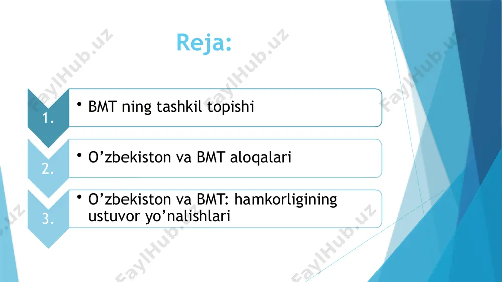 soʻnggidagi eng yirik anjumanida oʻzbekiston rahbari xalqaro terrorizm va narkobiznes bilan bogʻliq muammolarni hal etish; mintaqaviy xavfsizlik, jumladan markaziy osiyo mintaqasida barqarorlik va xavfsizlikni taʼminlash; jahon xavfsizligi tizimini takomillashtirish, bmt faoliyati va tarkibiy tizimini isloh qilishga taalluqli takliflar bilan chiqdi. oʻzbekiston respublikasi bmtning teng huquqli aʼzosi sifatida bu eng nufuzli xalqaro tashkilotning maqsad va qoidalariga qatʼiy amal qilmoqda. 2-mart – o’zbekiston bmtga tng huquqli a’zo sifatida qabul qilingan kun! o’zbekiston va bmt: hamkorligining ustuvor yo’nalishlari oxirgi bir necha yil barcha sohalarda amalda oshirilgan ijtimoiy-siyosiy o'zgarishlar, tub islohotlar va bu borada erishilgan ulkan yutuqlar miqyos jihatidan mustaqil o'zbekiston tarixida misli ko'rilmagan hodisa bo'ldi va xalqaro munosabatlar, tashqi siyosiy va tashqi iqtisodiy aloqalarda yangi davrni boshlab berdi. ayni paytda, muvaffaqiyat bilan amalga oshirilgan muhim tashqi siyosiy tashabbuslar natijasi o'laroq, xalqaro maydonda keng miqyosdagi yuksak natijalarga erishilmoqda. ma'lumki, zamonaviy xalqaro munosabatlar ularda ko'p tomonlama diplomatiyaning roli ortib borayotganligi bilan ham xarakterlanadi. ko'p tomonlama …