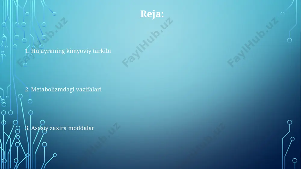 fatida saqlanib, qon glyukoza darajasini tartibga solishda 1-2% massani tashkil etadi. fermentlar: biologik katalizatorlar ko'pgina fermentlar metall ionlari (masalan, magniy, temir) yoki vitaminlardan (masalan, b guruhi vitaminlari) olingan kofermentlarga muhtoj. ular fermentning katalitik faolligida muhim rol o'ynaydi. fermentlar oqsillar bo'lib, ular harorat va ph darajasiga juda sezgir. masalan, optimal harorat odatda 37°c atrofida, lekin bu fermentga qarab o'zgaradi. fermentlar substrat bilan o'zaro ta'sirlashadi va aktiv markaz hosil qiladi. bu jarayon reaksiya tezligini millionlab marta oshirishi mumkin bo'lgan katalitik bosqichdir. minerallar: muhim roli temir (fe) gemoglobin tarkibiga kirib, kislorod transportida muhim ahamiyatga ega, shuningdek, bir qancha fermentlar faolligida ishtirok etadi, 70 foizi gemoglobinda bo'ladi. natriy (na+) va kaliy (k+) hujayra ichki va tashqi muhiti o'rtasida osmotik bosimni tartibga soladi, nerv impulslarini o'tkazishda asosiy ionlar bo'lib, na/k nasosi orqali ishlaydi. kalsiy (ca2+) suyaklar va tishlar tarkibida asosiy rol o'ynaydi, nerv impulslari o'tkazilishi va mushaklar qisqarishi uchun zarur, qon ivishida 1 foiz ishtirok …