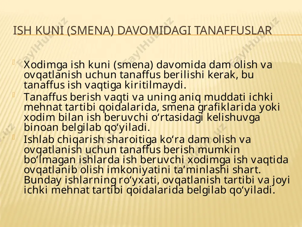 , bunday ishlar uchun kamida bir hissa miqdorda mehnat haqi to‘lanadi. bayram (ishlanmaydigan) kunlari quyidagi kunlar bayram (ishlanmaydigan) kunlaridir: 1-yanvar — yangi yil; 8-mart — xotin-qizlar kuni; 21-mart — navro‘z bayrami; 9-may — xotira va qadrlash kuni; 1-sentabr — mustaqillik kuni; 1-oktabr — o‘qituvchi va murabbiylar kuni; 11 — kasaba uyushmalari kuni 8-dekabr — konstitutsiya kuni; ro‘za hayit (iyd al-fitr) diniy bayramining birinchi kuni; qurbon hayit (iyd al-adha) diniy bayramining birinchi kuni. bayram (ishlanmaydigan) kunlari ishga jalb etishning cheklanishi bayram (ishlanmaydigan) kunlari ishlash man etiladi. xodimlarni shu kunlari ish beruvchining farmoyishi bilan ishga jalb etishga alohida hollardagina ushbu kodeksning 130-moddasida nazarda tutilgan asoslar bo‘yicha va tartibda yo‘l qo‘yiladi.ishlab chiqarish-texnika sharoitlari va boshqa sharoitlarga (uzluksiz ishlaydigan korxonalar, obyektlarni qo‘riqlash, ularning xavfsizligini ta’minlash kabilarga) ko‘ra ishni to‘xtatib turish mumkin bo‘lmagan joylarda, aholiga xizmat ko‘rsatish zarurati bo‘lgan ishlarda, shuningdek kechiktirib bo‘lmaydigan ta’mirlash va yuk ortish-tushirish ishlarida bayram (ishlanmaydigan) kunlari ishlashga yo‘l qo‘yiladi. bayram …