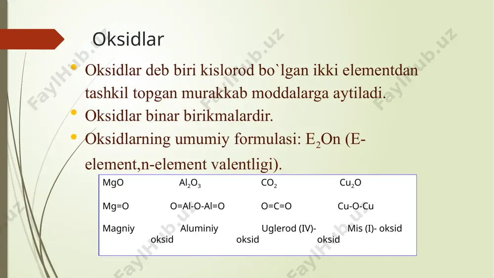 b chiqarish uchun sarfla-nadi. nitrat kislota esa azotli mineral o’g’itlar, nitrobirikmalar, ko’plab dorivor moddalar ishlab chiqarishda asosiy manbalardandir. rux oksidi-zno. rux oksidi zno – oq rangli modda bo’lib, lak – bo’yoqlar olishda ishlatiladi. ruxli bo’yoqlar bilan turli xil joylarni tashqi muxitdan saqlash maqsadida ishlatiladi. farmasevtlar surkov vositalari tarkibiga rux oksidi qo’shiladi. titan (iv) oksidi – tio2 oq rangli xususiyatga ega bo’lib, u ham titanli bo’yoqlar tayyorlashda ishlatiladi. xrom(iii) - oksidi cr2o3 – yashil rangli kristall modda bo’lib, suvda erimaydi. cr2o3 – shisha va keramik buyumlarga bezaklar berishda ishlatiladi. xrom(iii) - oksidi cr2o3 e’tiboringiz uchun rahmat! image1.wmf image2.jpeg image3.jpeg image4.jpeg image5.jpeg image6.jpeg image7.jpeg image8.jpeg image9.jpeg image10.jpeg image11.jpeg image12.jpeg image13.jpeg image14.jpeg image15.jpeg image16.jpeg основные кислотные оксиды the grand canyon of the yellowstone by thomas moran glass shapes stained glass window depicting saint corentin /docprops/thumbnail.jpeg