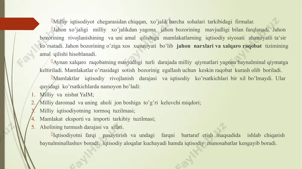 rinig kuchayib borishi; - turli mamlakatlarda aholi sonining o’zgarishining farqlanishi va hakozo xalqaro iqtisodiy munosabatlar - bu jahonning turli mamlakatlari o’rtasidagi xo’jalik aloqalari majmundir. bu xalqaro iqtisodi munosabatlarni tashqi iqtisodiy aloqalar, jahon xo’jaligi deb ham yuritiladi. bu aloqalar quyidagi shakllarda namoyon bo’ladi: tovar va xizmatlarning xalqaro savdosi; kapital va chet el investitsiyalarining harakati; ishchi kuchi migratsiya; ishlab chiqarishing davlatlararo kooperatsiyasi; fan va texnika sohasidagi ayirboshlash; valyuta – kredit munosabatlari. tovar va xizmatlarning xalqaro savdosi eng avvalo milliy xo’jaliklarning xalqaro mehnat taqsimotidagi ishtirokida bog’liq. xalqaro mehnat taqsimoti rivojlanishi natijasida jahon bozori tarkib topadi. kapitalning xalqaro harakati – bu kapitalning chet elda joylashtirilishi va harakat qilish. u chet elga quyidagi shakllarda chiqariladi: xususiy yoki davlat kapitali shaklida; pul va tovar shaklida; qisqa va uzoq muddatli kreditlar shaklida; ssuda va tadbirkorlik kapitali shaklidа. xalqaro iqtisodiy munosabatlarning ancha murakkab jihatlaridan biri ishchi kuchinig xalqaro migratsiyasi bo’lib, u ishchi kuchini ish bilan ta‘minlash maqsadida bir …