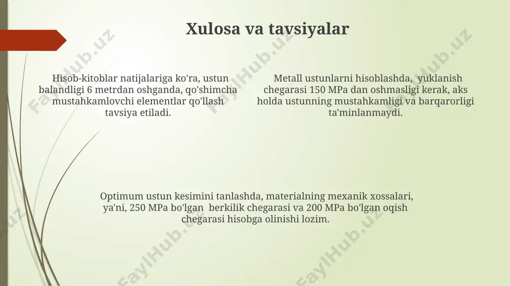 ruvida kolonnaning egilish momenti 20 knm dan oshmasligi va 1-sonli standartga muvofiq, ruxsat etilgan egiluvchanlik chegarasi 1/250 dan oshmasligi kerak. deformatsiya tekshiruvini amalga oshirishda, e 200 gpa bo'lgan polatning elastiklik moduli va 0,2% sinishlar chegarasini inobatga olish zarur. e'tiboringiz uchun rahmat @taqdimot_robot