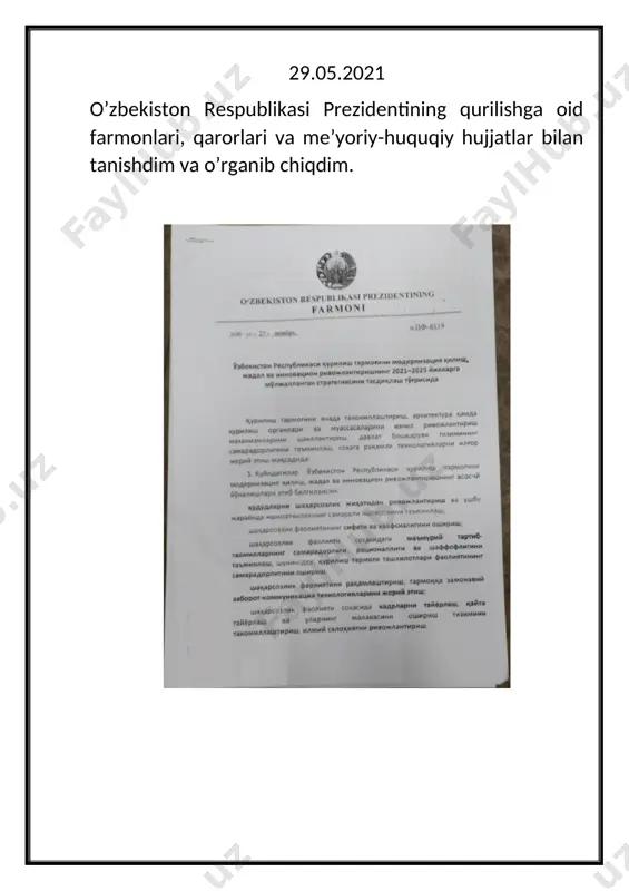’lanish tartiblari haqida nazariy hamda qurilish maydonida amaliy ma’lumotlarga ham ega bo’ldim. 01.07.2022 binoda konditsionerlik uskunalari, tabiiy va sun’iy shamollatish sistemalari bilan amaliy tarzda yaqindan tanishdim. qurilish maydoniga borib u yerdagi texnikalar va binolar shamollatish sistemalari haqida ma’lumotga ega bo’ldim. 02.07.2022 binoning elektr tarmog’i, elektroshit qutisi, telefon va internet tarmoqlari joylashuvi bo’yicha mutaxassis xulosasi bilan yaqindan tanishib chiqdim. nazariy bilimlarga ko’ra amaliy ma’lumotlarga ham ega bo’ldim. 03.07.2022 binoda qavatlararo yopma plitalar yoki monolit orayopmalarning konstruktiv joylashuvlarini amaliy tarzda kuzatdim qurilish maydoniga borib konstruktordan nazariy ma’lumotlarga ega bo’ldim. 04.07.2022 ishlab chiqarish amaliyoti obyektlarida qurilish texnikalari va ularning ish jarayonlari bilan amaliyot rahbarim boshchiligida amaliy tarzda tanishib chidim. 05.07.2022 hafta davomida o’rganilgan barcha ma’lumotlarni umumlashtirib, kundalik va hisobotlarni to’ldirdim. va xulosalar qildim. 7-hafta 07.07.2022 binoning zinapoya bo’lmalari va ularning o’rnatilishi bo’yicha amaliy tarzda ishlar olib borildi. zinapoya turlari va ularga qo’yiladigan talablar yuzasidan obyektda izlanishlar olib bordik. nazariy va amaliy bilimlarga ega …