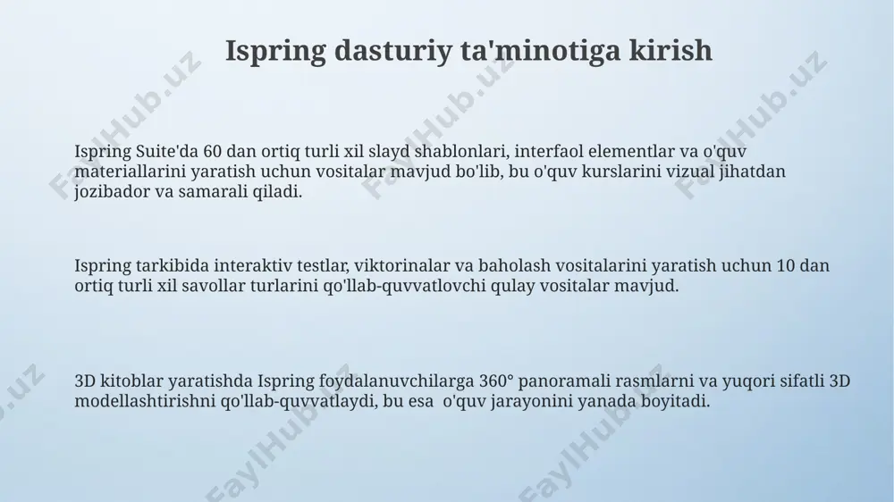 ° panoramalar va interaktiv elementlarni qo'shish imkoniyatini berib, o'quv materiallarini jozibador va samarali qiladi. dasturda tayyorlash vaqti va resurslarini tejashga imkon beruvchi 20 dan ortiq tayyor shablon va turli xil multimedia elementlari mavjud. ispringda 3d kitoblarni loyihalash 3d kitoblarni interaktiv qilish uchun ispringda testlar, viktorinalar va boshqa o'quv elementlarini qo'shish mumkin, bu esa o'quv jarayonini yanada samarali qiladi, shu bilan birga 50% ga yaqin samaradorlikni oshiradi. ispring 3d kitoblarini yaratish jarayoni intuitiv va sodda bo'lib, foydalanuvchilarga 3d obyektlarni joylashtirish, animatsiyalar qo'shish va o'zgartirish imkonini beruvchi 10 dan ortiq vositalarni o'z ichiga oladi. ispring suite yordamida 3d kitoblar yaratishda 20 dan ortiq turli xil shablonlar va 3d modellardan foydalanish mumkin, bu esa noyob va jozibali dizaynlar yaratish imkonini beradi. e'tiboringiz uchun rahmat @taqdimot_robot image4.png image3.jpeg