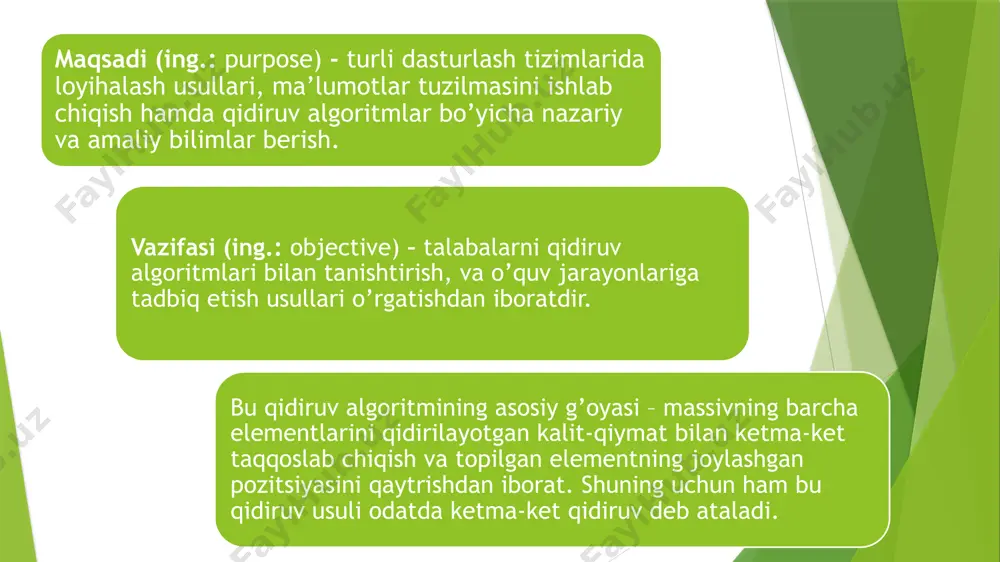 5 (bo’linmaning butun qism olinadi, 0.5 tashlab yuboriladi). birinchi massiv elementlarining o’rta qiymatini tekshiramiz, agar u kalit bilan mos kelsa, algoritm o’z ishini yakunlaydi va topilgan element haqida axborot beradi. qaralayotgan misolda o’rta qiymat qidirilayotgan kalitga mos kelmaydi agar qidirilayotgan kalit qiymatli element o’rta qiymatdan kichik bo’lsa, algoritm o’rta qiymatdan katta elementlar joylashgan qismini tekshirmaydi. qidiruvning o’ng tomondagi chegarasi (midd - 1) ga joylashadi. hosil bo’lgan qism massivni yana 2 ga bo’lamiz. qidiruv kaliti yana o’rta elementga teng emas, katta. endi qidiruvning chap chegarasi (midd + 1) ga joylashadi. uchinchi qadamda o’rta element 3 indeksli elementga teng: (3 + 4) / 2 = 3. u kalitga teng. algoritm o’z ishini yakunlaydi. 3.interpolyatsiya algoritmi interpolyatsiya — bu butun soha va qidirilayotgan qiymatga o’xshash elementlar joylashishgan masofani hisoblash orqali qidiruv sohasini aniqlash usuli hisoblanadi. bunga misol sifatida geometriyadagi o’xshash uchburchaklarni olish mumkin, bunda burchaklar qiymati bir xil, lekin proportsiyasi har xil bo’ladi. …