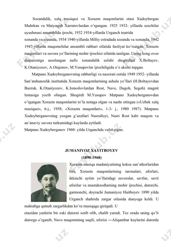 zib olgan. u ko’plab san’atkorlarga ustozlik qildi. madrayim qori, k.otaniyozov, r.jumaniyozova, n.yusupova, o.hasanov, h.bobajonov, m.rahimov, m.yusupovlar jumaniyoz hayitboyevni o’z ustozlari deb biladilar. madrahim yoqubov (sheroziy) (1890-1973) madrahim yoqubov (sheroziy) soz (garmon), dutor, rubob, tor kabi musiqa asboblarining ajoyib ijrochisi, sozanda va ashulachisi bo’lgan. u 1890-yilda xiva shahrida tug’iladi. madrahim yosh paytidan san’atga, ashulachilikka mehr qo’yadi. ustozlaridan polli duzchi, qurbonniyoz talqinchi, qurji ota avazmatovlar uning talantini ko’rib, unga har tomonlama yordam beradilar.15 20 yoshlarida u boshiga qo’y terisining sheroziy nushasidan dagalak-cho’gurma kiyib yurgani uchun uni sheroziy deb ataydilar. sheroziy xorazm maqomlarining ikkinchi aytim yo’llaridan suvoralarni, chapandozlarni, savti suvoralarni avjlariga yengil chiqib, tushib, avjlarda uzoq tura oladigan talqinchilardan bo’lgan. uning repertuaridagi ashulalar ―katta suvoralar, ―savti suvoralar, ―guluforlar, ―sanama va ―feruzlar, maqomlarning taronalaridan iborat edi. sheroziy o’zi kuylaydigan kuylarga klassik shoirlarning g’azal va muxammaslarini qo’llar edi. xorazmda ashulachilar o’rtasida bo’lgan diyralishmalarda sheroziy faol qatnashgan. 1920- yillarning ashulachilaridan polli duzchi, qalandar bola, qurji ota, …