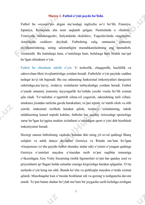tus oldi. bunda kо‘cha va qishloqlar maydon о‘rnida xizmat qilardi. musobaqalar kun о‘rtasida boshlanar edi va qorong‘u tushgancha davom etardi. tо‘pni butun shahar bо‘ylab ma’lum bir joygacha surib kelishga erishgan «komanda» g‘olib hisoblanardi. о‘yin tartibsiz bir ur yiqitga о‘xshar, kо‘p xollarda qon tо‘kar, mushtlashishgacha borib yetardi. shu sababdan va «jin о‘yin» sifatida ingliz qirollari futbolni kо‘p marta taqiqlaganlar. bu taqiq 200 yil amalda bо‘ldi. x1x asr о‘rtalariga kelib, sport metodi jismoniy tarbiyaning eng maqbo’l metodi deb topilib, sport hamda sport о‘yinlari jismoniy rivojlanishining samarali vositasi bо‘lib qolgandan keyin futbol tarixida yangi bosqich boshlandi. oyoqda tо‘p о‘ynash birinchi galda ingliz kollejlari hamda universitetlarida yoyildi. x1x asrning ikkinchi yarmidan futbol о‘yinida ochiq oydin ikki yо‘nalish tarkib topadi. ulardan birini london hamda kembrij kollejlari qо‘llab quvatlar edi. bo’lar 1863 yili futbol assotsiatsiyasi tuzadilar va yumaloq tо‘pni oyoqda о‘ynashi rasm qilishga qaror qiladilar. 1848 yili kembrij futbol klubi birinchi bor yagona о‘yin qoidalarini joriy …