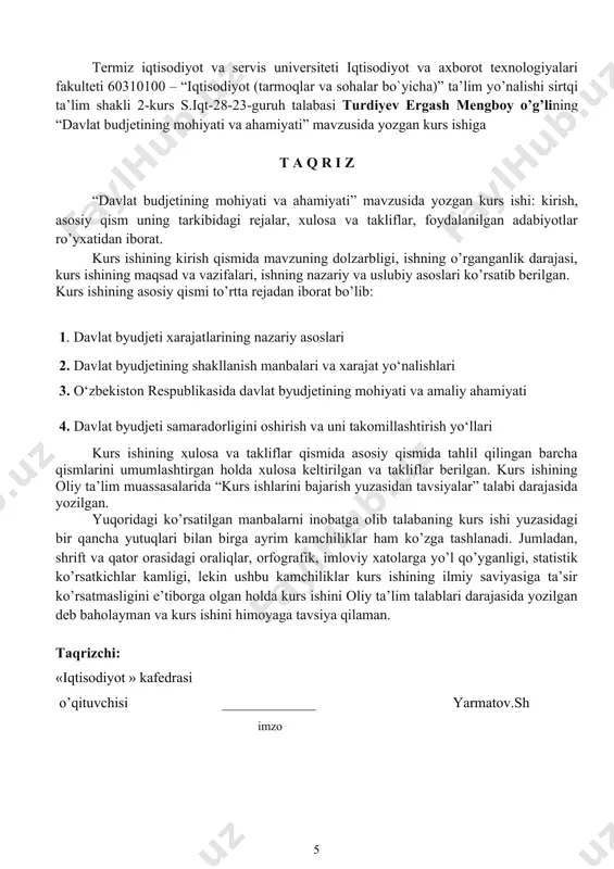 qilish, shaffoflikni ta’minlash va moliyaviy intizomni kuchaytirish bo‘yicha keng ko‘lamli islohotlar olib borilmoqda. bu esa budjet siyosatining nafaqat yuqoridan pastga emas, balki fuqarolik jamiyati vakillarining ishtirokida amalga oshirilishini ta’minlamoqda. shuningdek, iqtisodiy inqirozlar, pandemiyalar, global moliyaviy bozorlaridagi beqarorliklar fonida davlat budjeti orqali iqtisodiyotni qo‘llab-quvvatlash, kichik va o‘rta biznesni rivojlantirish, yangi ish o‘rinlari yaratish va import o‘rnini bosuvchi ishlab chiqarishlarni kengaytirish kabi masalalar kun tartibida turibdi. shu boisdan, davlat budjetining mohiyati va ahamiyatini chuqur o‘rganish, uni samarali boshqarish mexanizmlarini takomillashtirish bugungi kunning dolzarb vazifalaridan biri hisoblanadi.bundan tashqari, davlat budjeti barqaror va samarali ishlatilgandagina mamlakatda uzoq muddatli iqtisodiy rivojlanish, byudjet intizomi va fiskal barqarorlikka erishish mumkin. davlatning moliyaviy siyosati to‘g‘ridan-to‘g‘ri budjet orqali amalga oshiriladi, bu esa ijtimoiy himoya, ta’lim, sog‘liqni saqlash, ekologiya, mudofaa va boshqa ko‘plab sohalarning moliyaviy ta’minotini kafolatlaydi. shuning uchun budjetni to‘g‘ri shakllantirish, daromadlar va xarajatlar orasida muvozanatni saqlash, budjet mablag‘laridan maqsadli foydalanish har qanday rivojlanayotgan davlat uchun muhim strategik vazifa …
