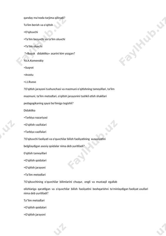 slikda necha xil hodisani ifoda etadi 3 xil =6 il =7 hil =5 hil ?pedagogik diagnostika nima ? talim tarbiya jarayonini chuqur taxlil qilish uning samaradorligini tog’ri baxolash ta,lim darajasini aniqlash =bilish sifatini takomilashtirish =talimni takomilashtirish =talimdagi kamchiliklarni bartaraf qilish ?raxbar tomonidan talim tarbiyaviy ishlarni tashkil etishni nazorat qilish yolari qanday ochiq mashg`ulotlar jamoa tarzida kuzatish va taxlil qilish kundalik nazorat ish rejalarini ko`rib taxlil qilish baxolash =guruxlarga maqsadli kiritish =jarayonni olib borish =suxbatlashish ?pedagogik oyinlar turlarini sanang intelektual jismoniy mehnat sotsial psixologiya =sujetli =jozibali =drammalashtirish ?.............. nuqtalar orniga mos javobni qoying boshlang’ich siniflarda o’qosh predmetining vazifasi birinchi navbata bolalarni tez tog’ri ongli va ifodali o’qish malakalari bilan qurolanish xisoblanadi ? o’qish metodikasi =grammatika va imlo metodikasi =savod o’rganish metodikasi =nutqini orgatish metodikasi ?nuqtalar ornini tildiring .........sifadni baxolashning tizimiga sezilarli tasir korsatadigan kriteriyalar mos kelmaslik odatda ekspertning salbiy baxolashiga olib keladi global kriteria =giper murojat =giper media =giper matin ?nuqtalar …